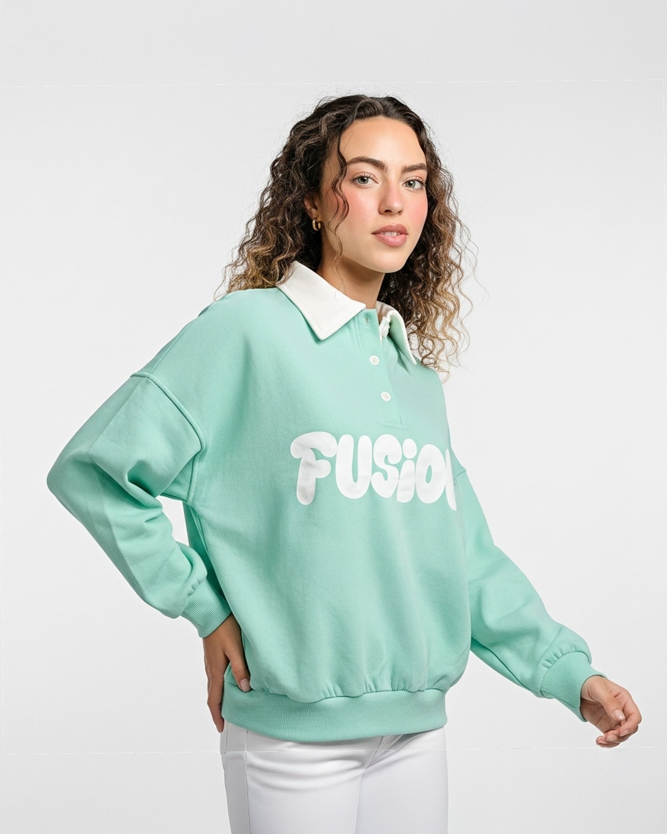 Fleece Polo Style Sweatshirt - FUSION - Aqua