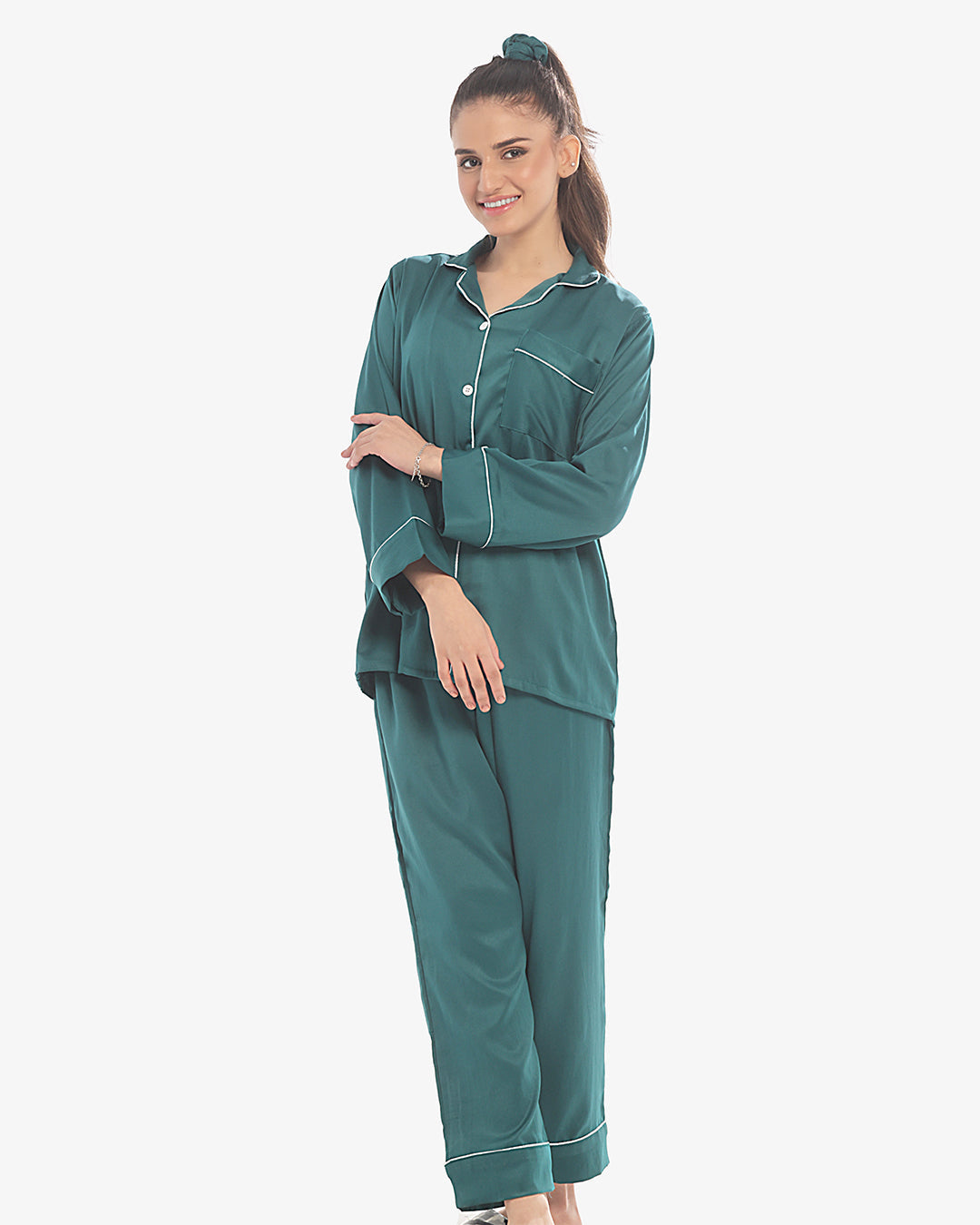 Satin Silk Pajama Suit with Scrunchie - Pearl
