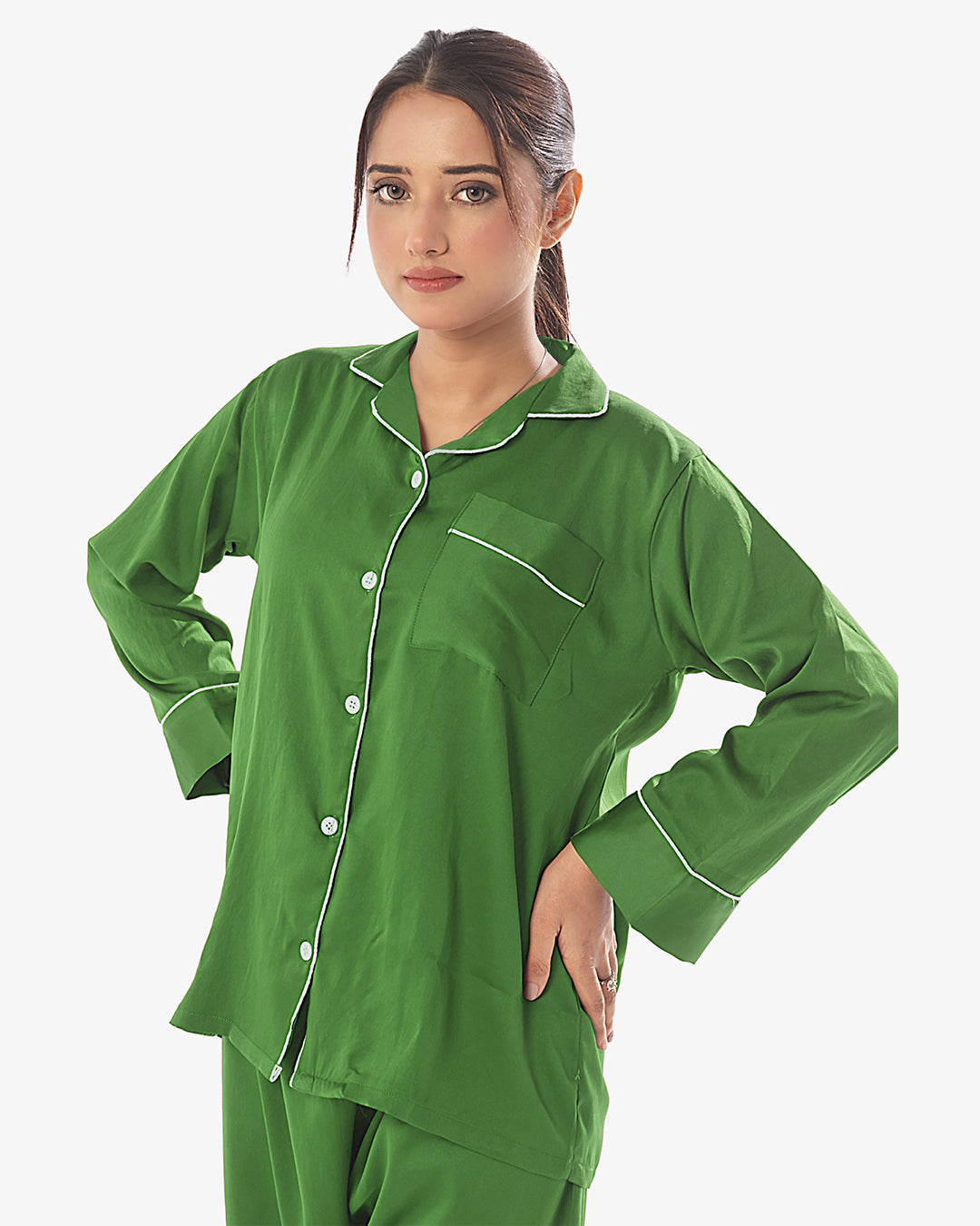 Satin Silk Pajama Suit with Scrunchie - Pearl