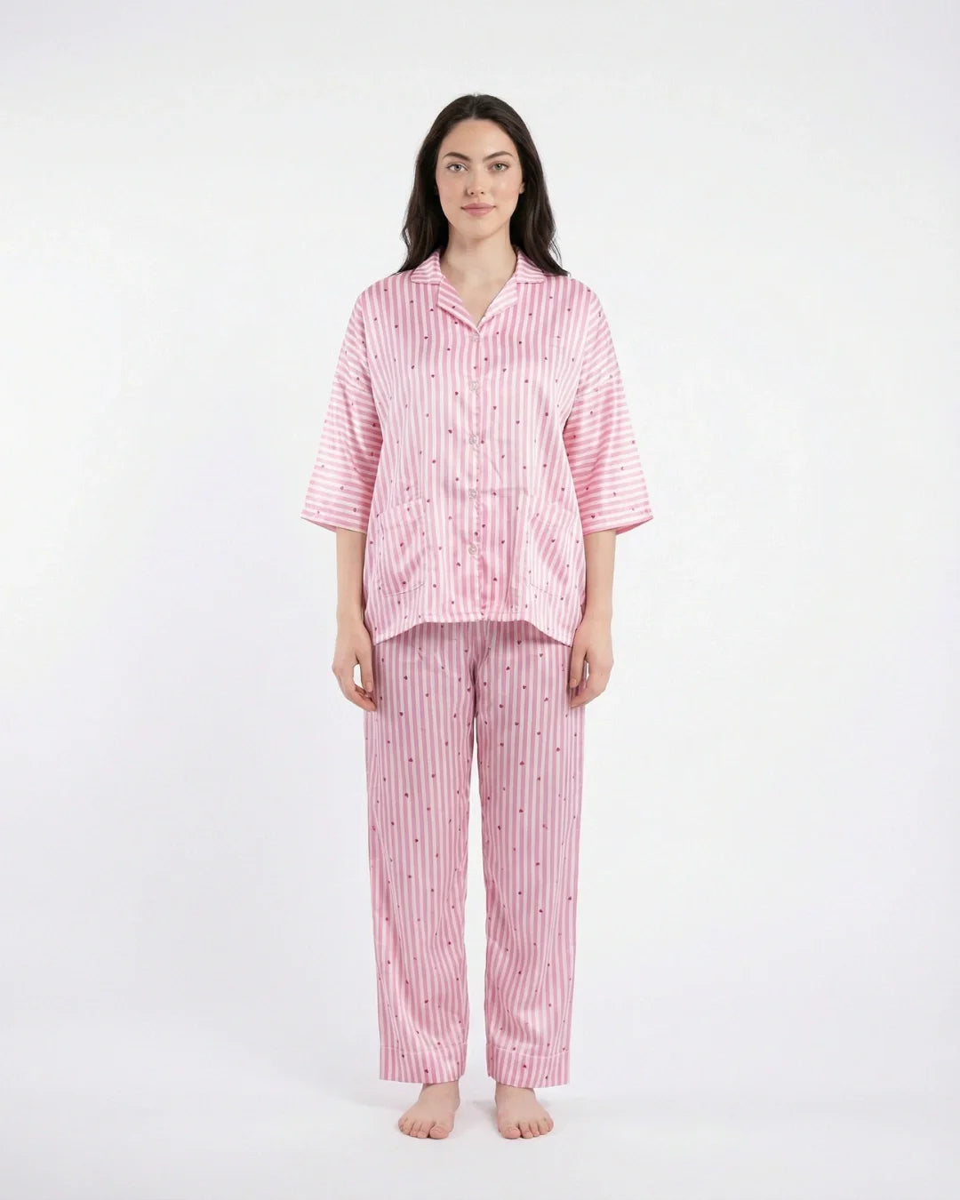 Drop Shoulder Silk Pajama Suit - Dreamy Hearts