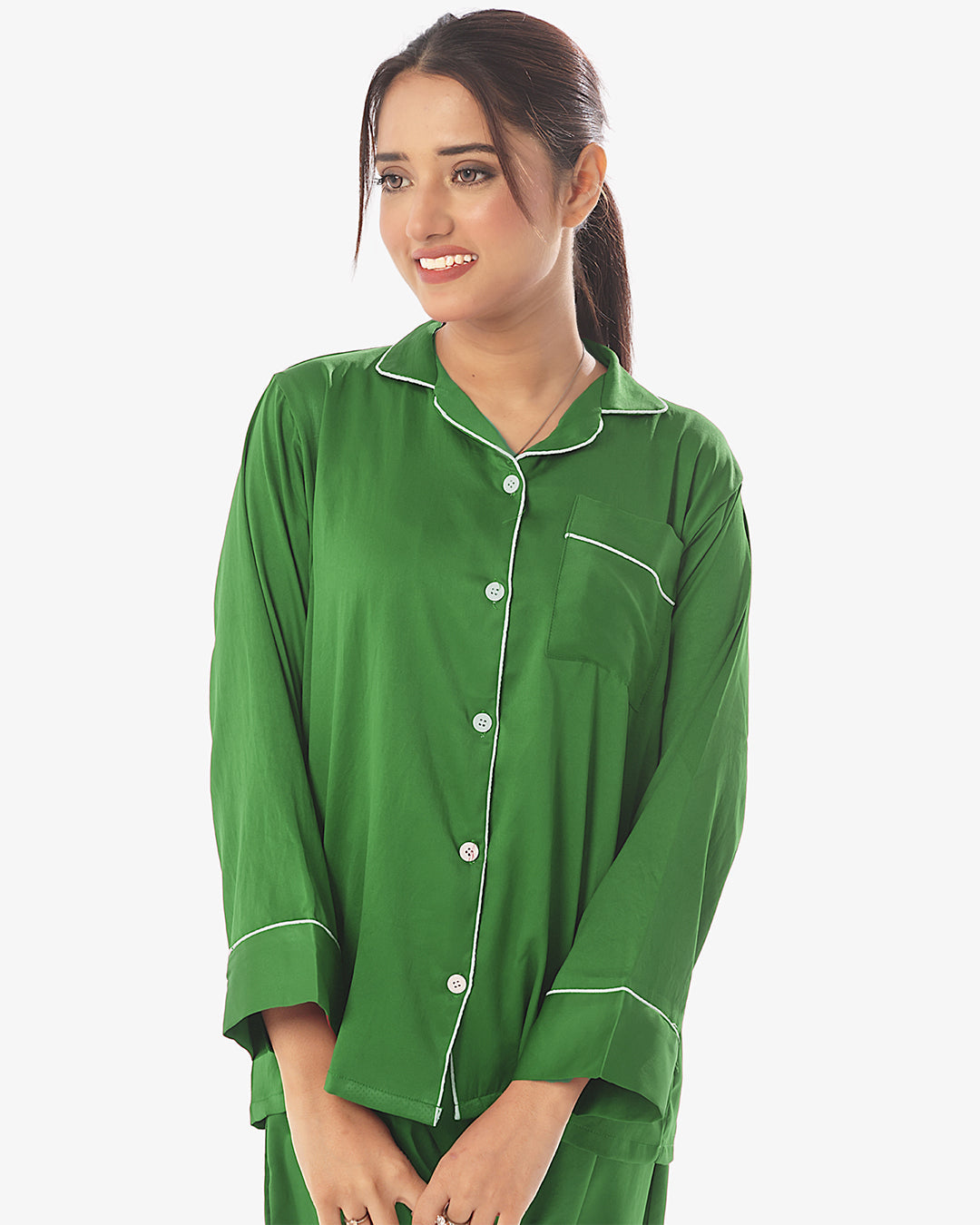 Satin Silk Pajama Suit with Scrunchie - Pearl