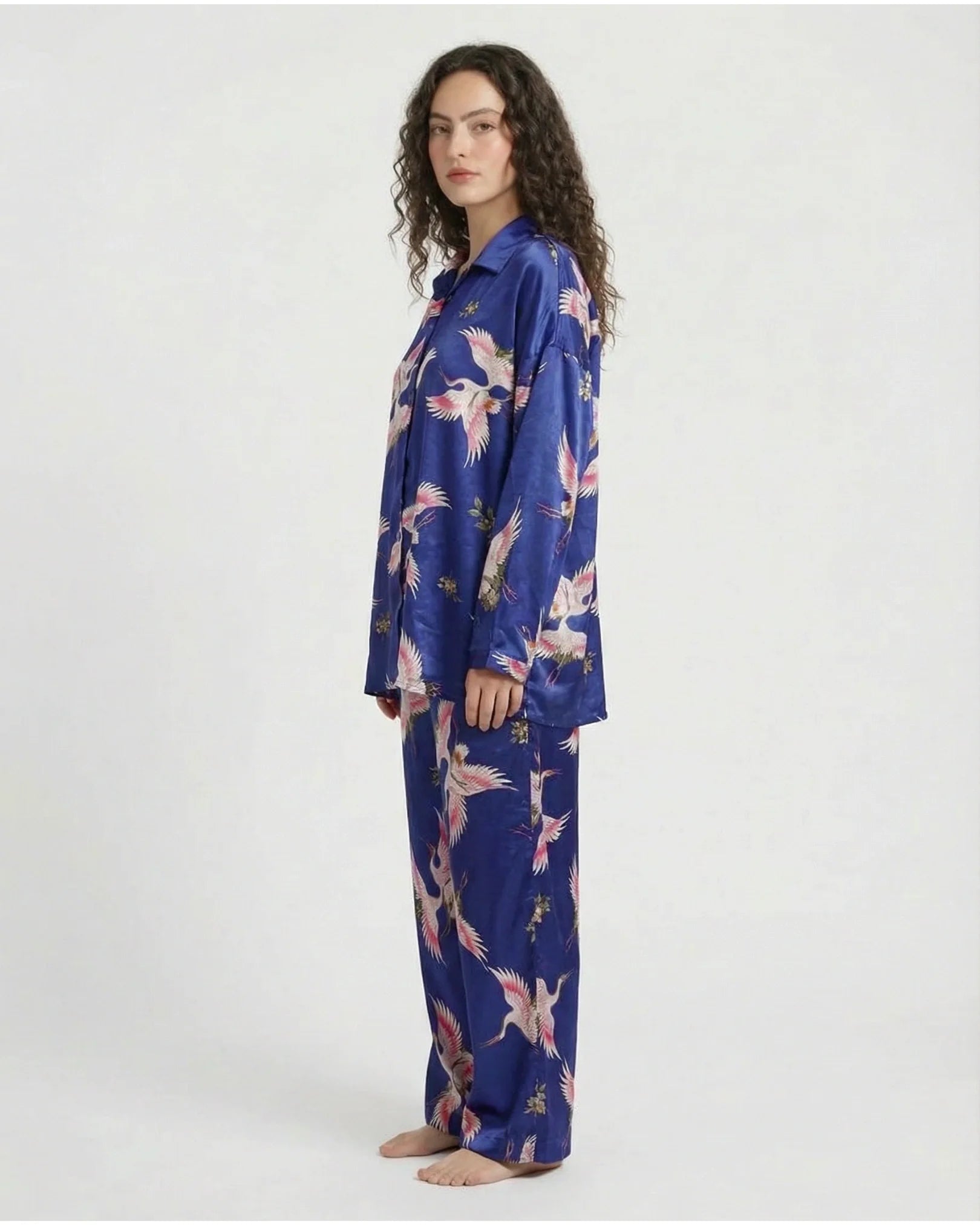 Oversized Silk Pajama Suit - Flamingo - Blue