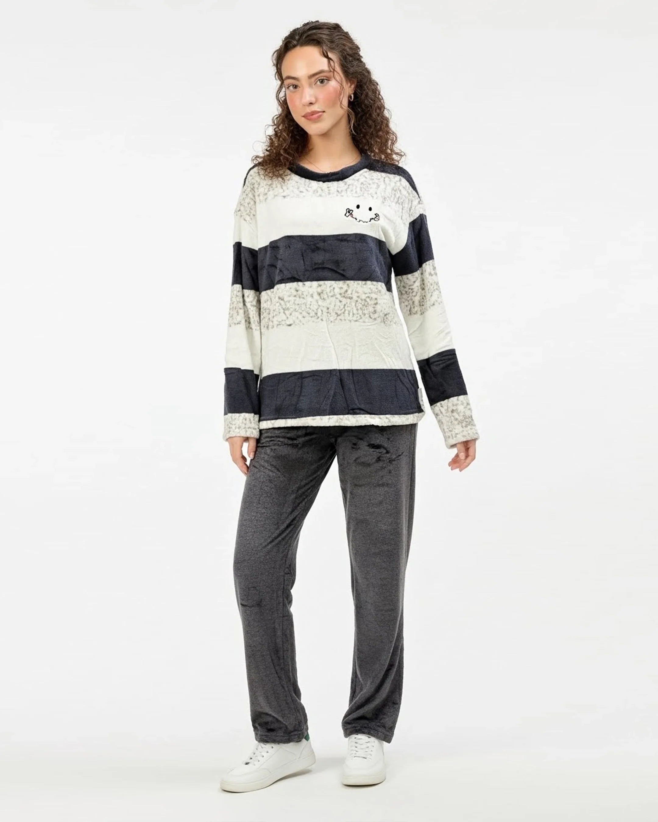 Black And White Stripes Fleece Pajama Suit