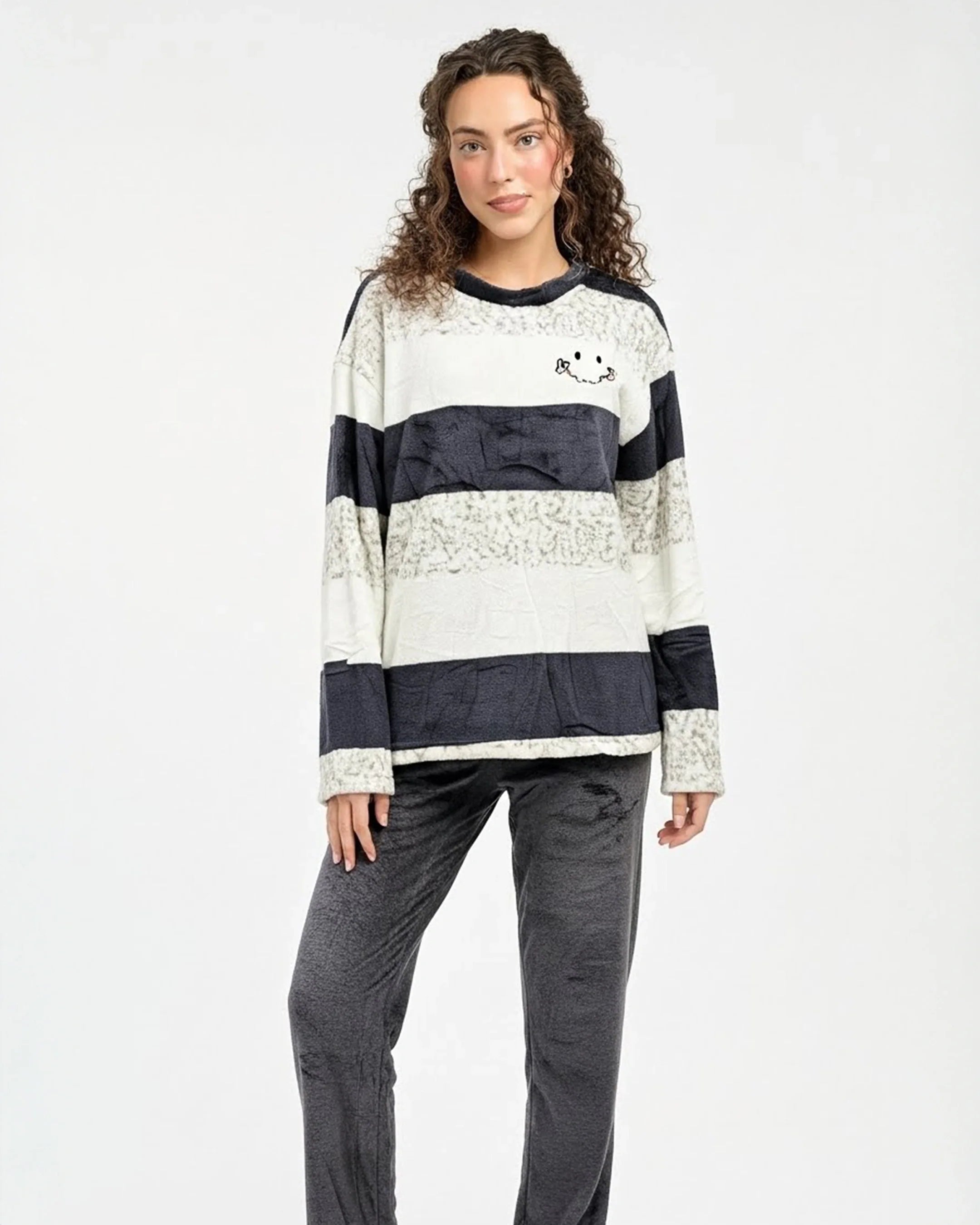 Black And White Stripes Fleece Pajama Suit