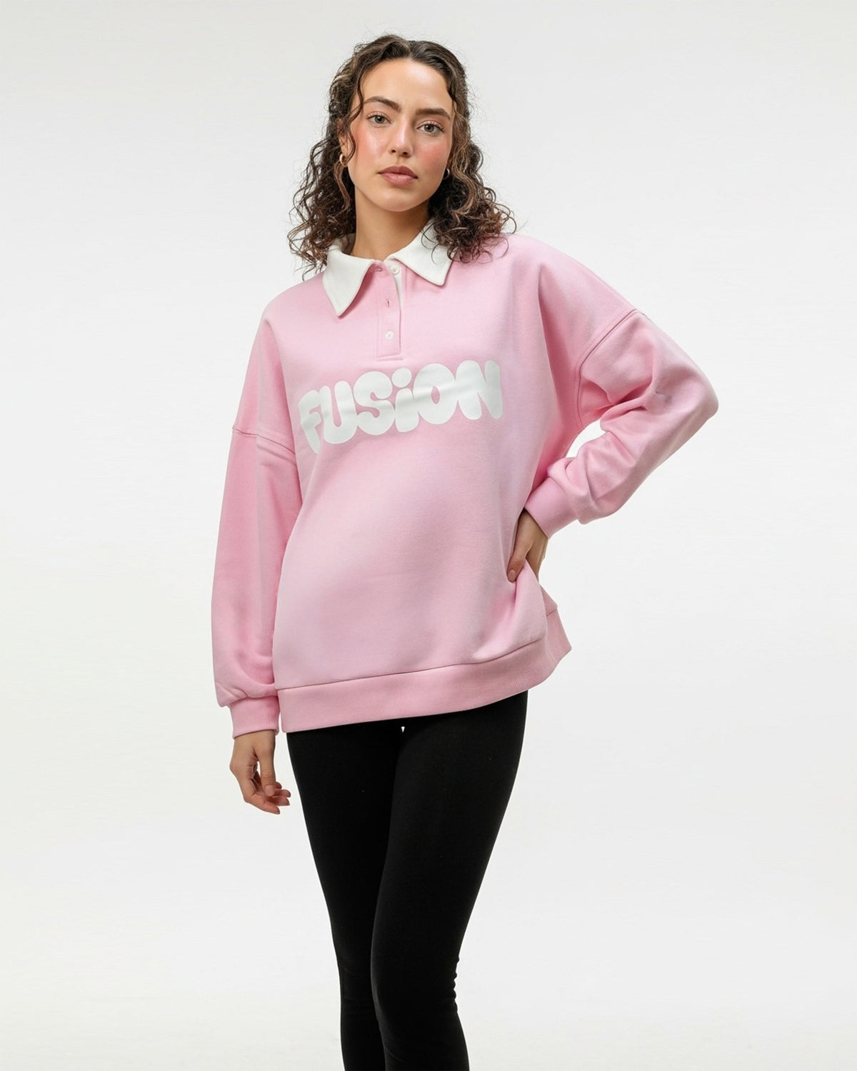 Fleece Polo Style Sweatshirt - FUSION - Pink