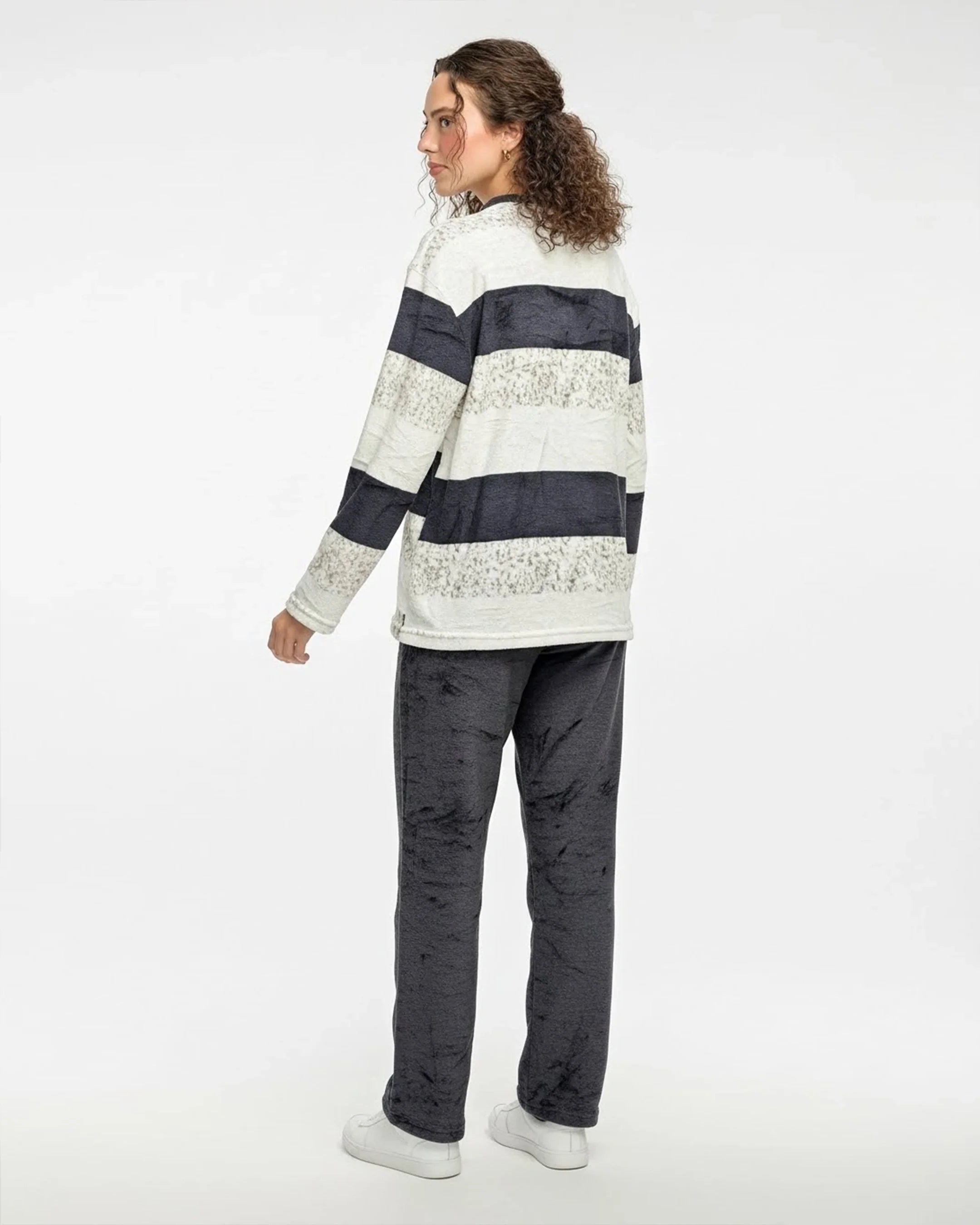 Black And White Stripes Fleece Pajama Suit