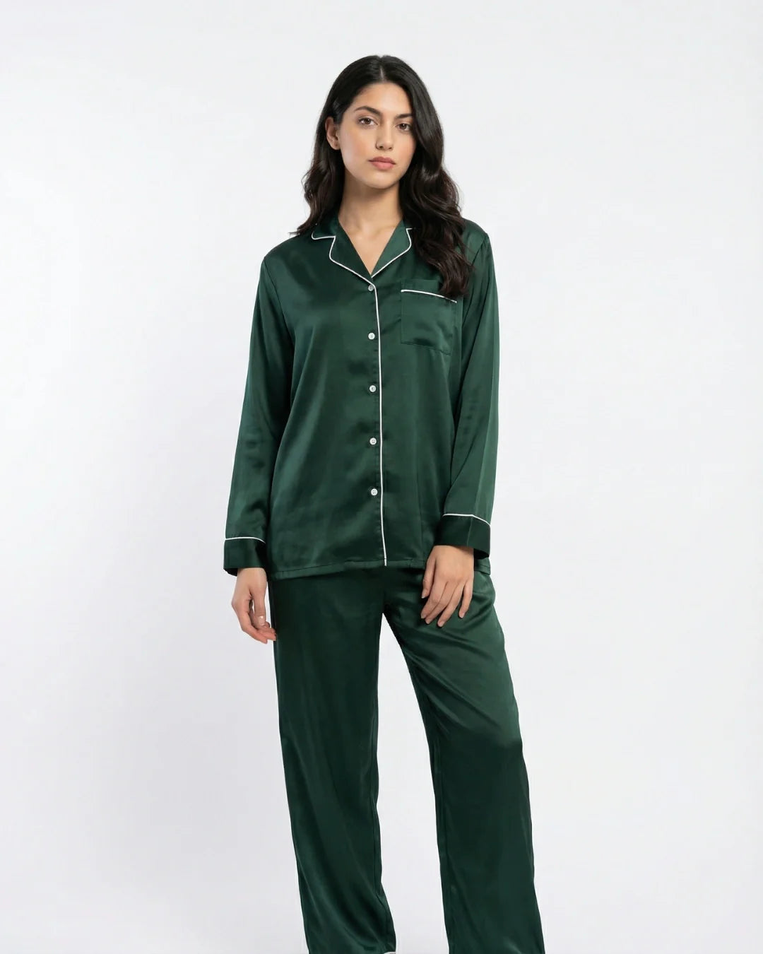 Satin Silk Pajama Suit - Noir - Dark Green