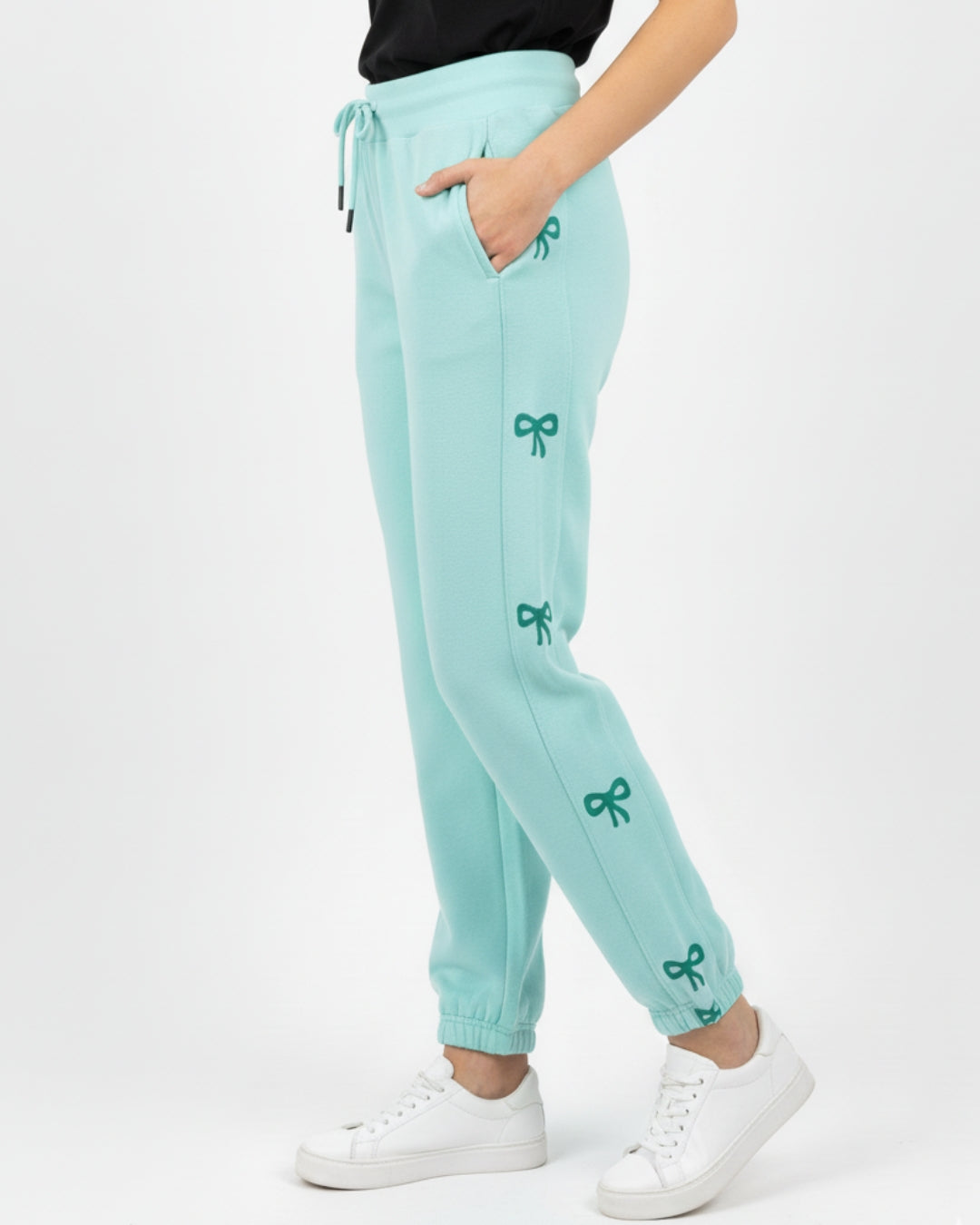 Fleece Trouser -Bow Print - Aqua Blue