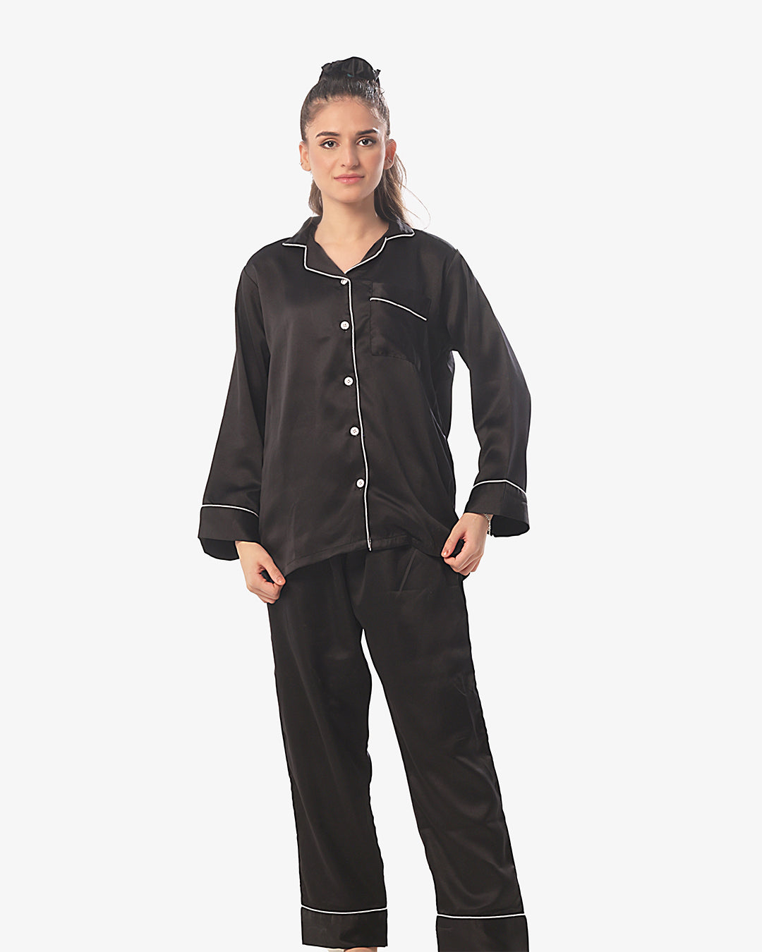 Satin Silk Pajama Suit with Scrunchie - Pearl