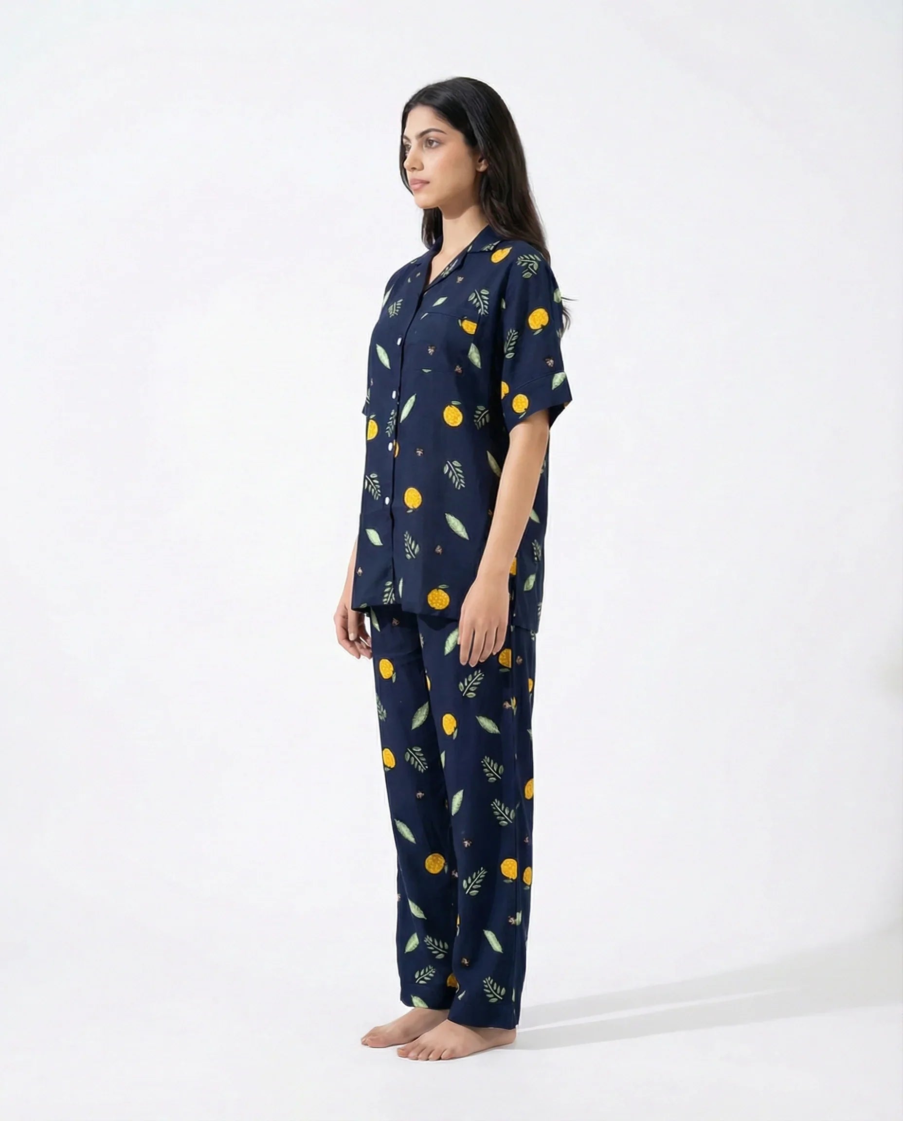 Linen Pajama Suit - Citrus Noir