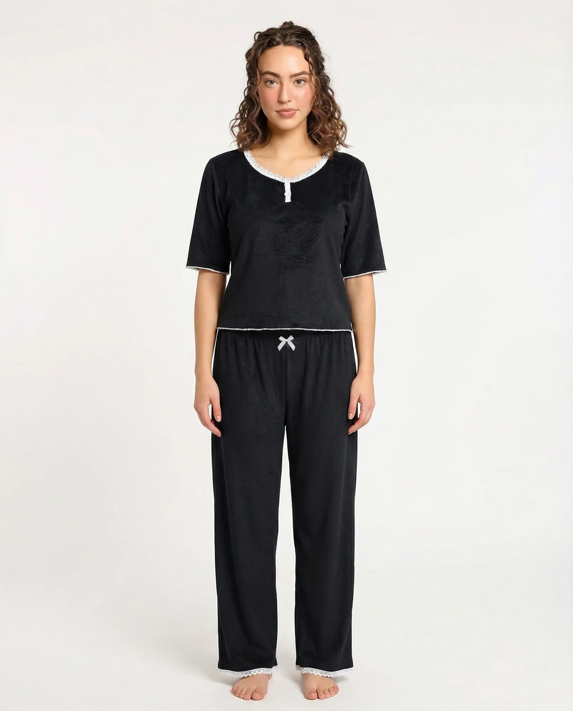 Textured Velvet PJ Set - Classic Lounge - Black