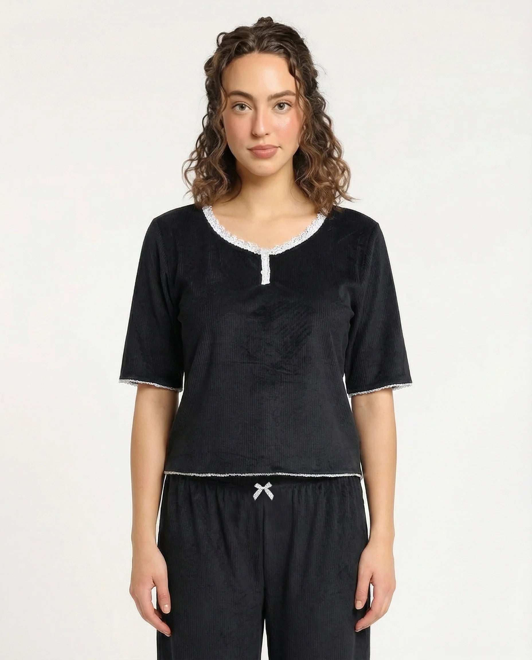 Textured Velvet PJ Set - Classic Lounge - Black