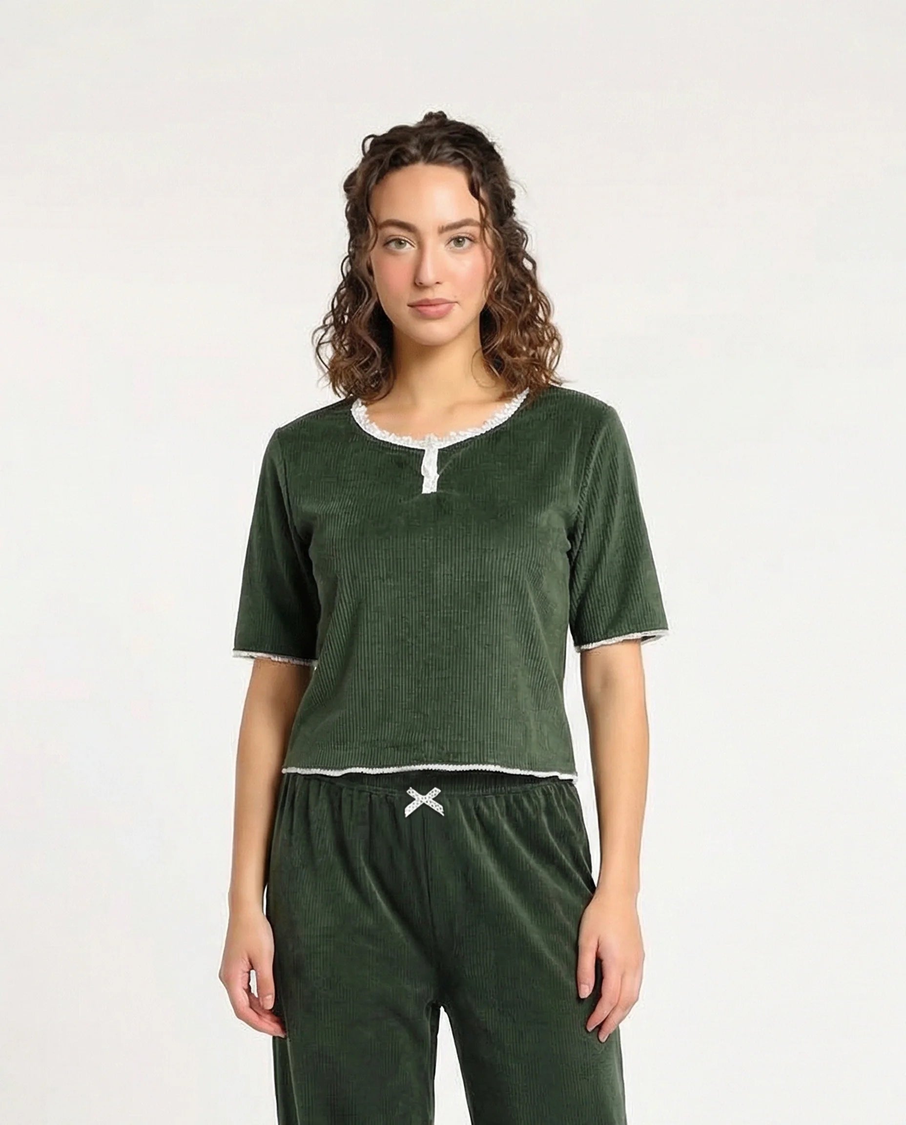 Textured Velvet PJ Set - Classic Lounge - Green