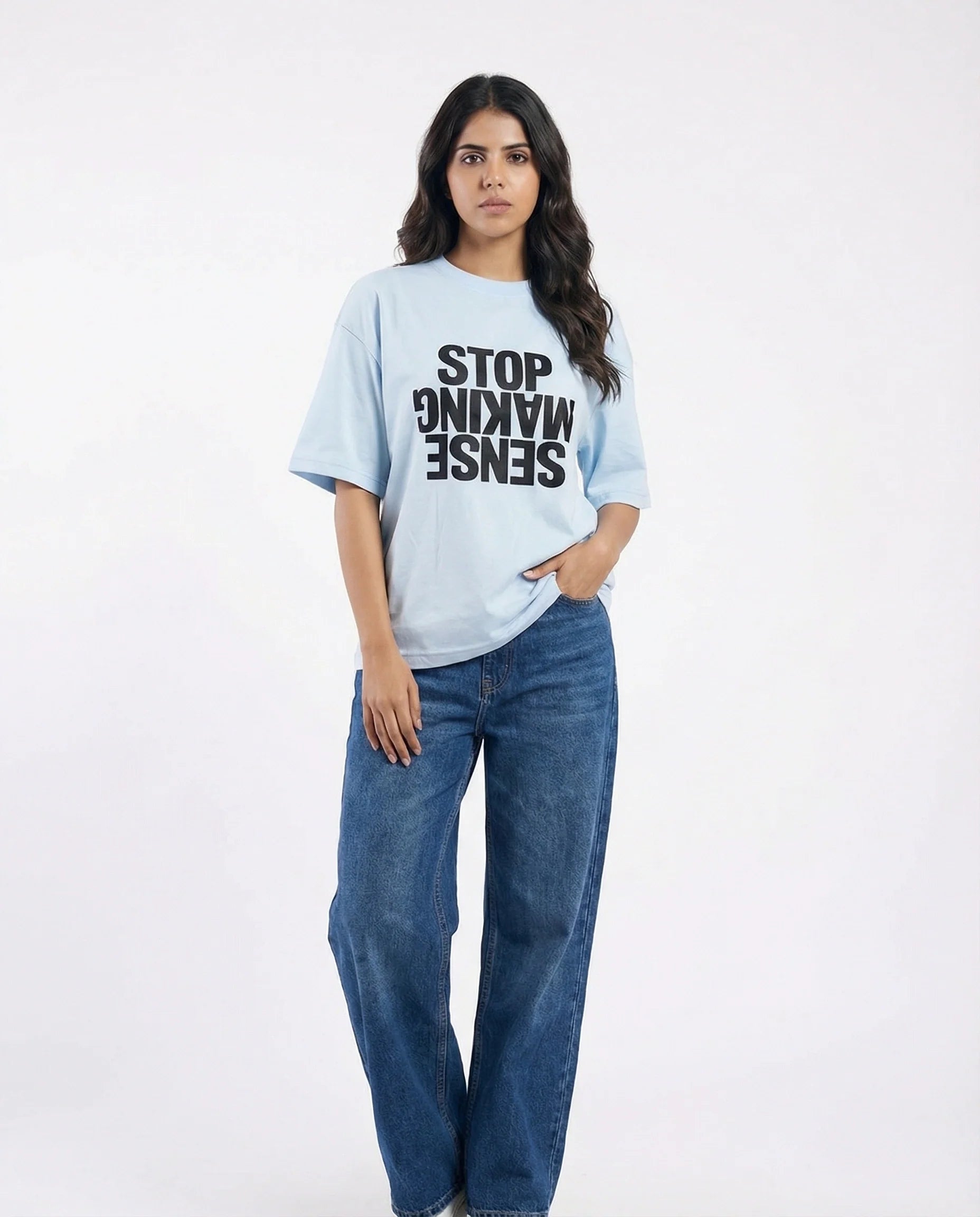 Drop Shoulder Graphic Tee - Stop Making Sense Blue
