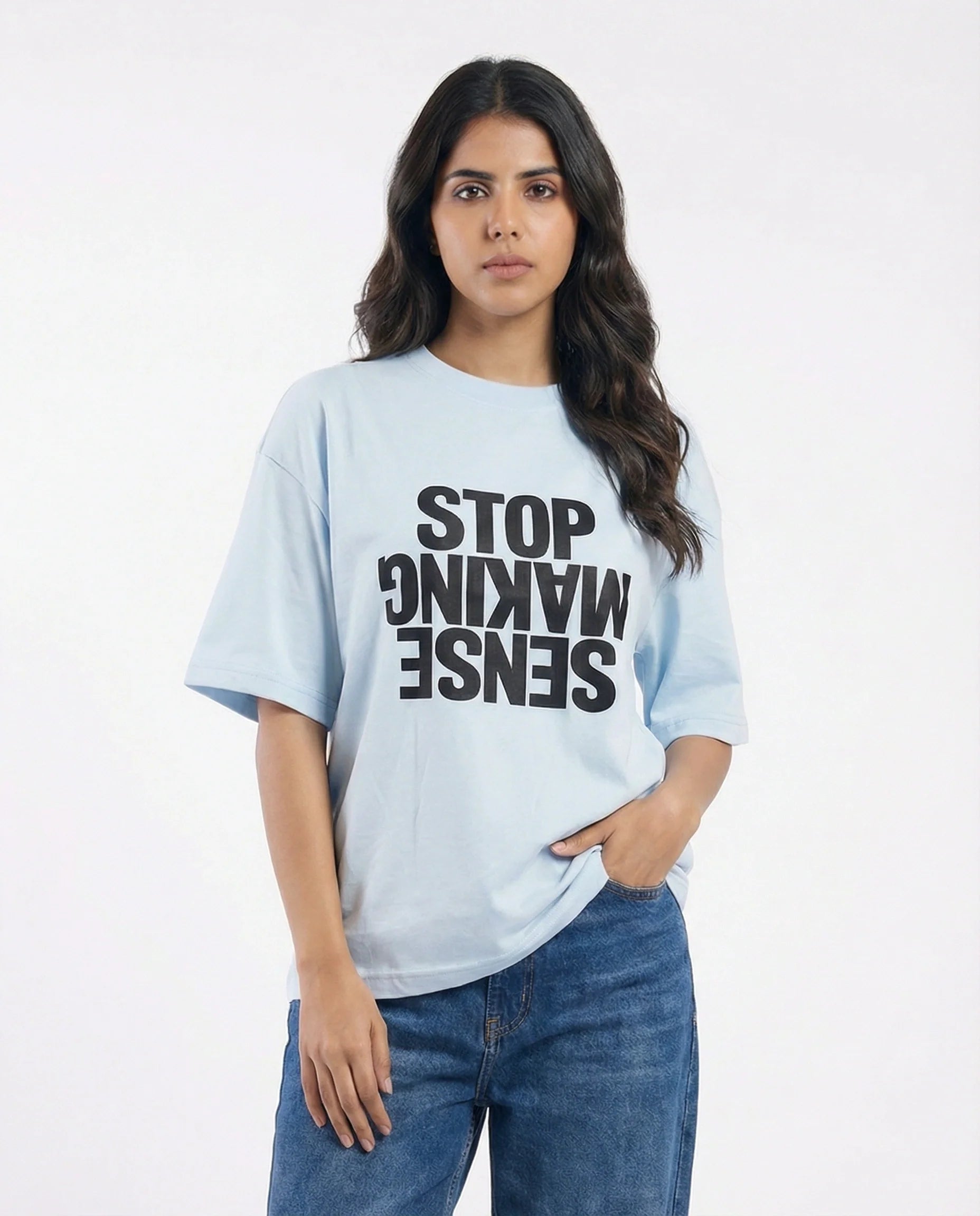Drop Shoulder Graphic Tee - Stop Making Sense Blue