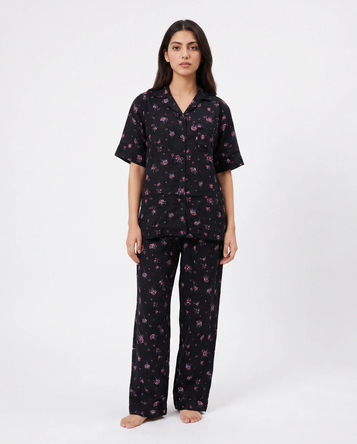 Linen Pajama Suit - Black Rose
