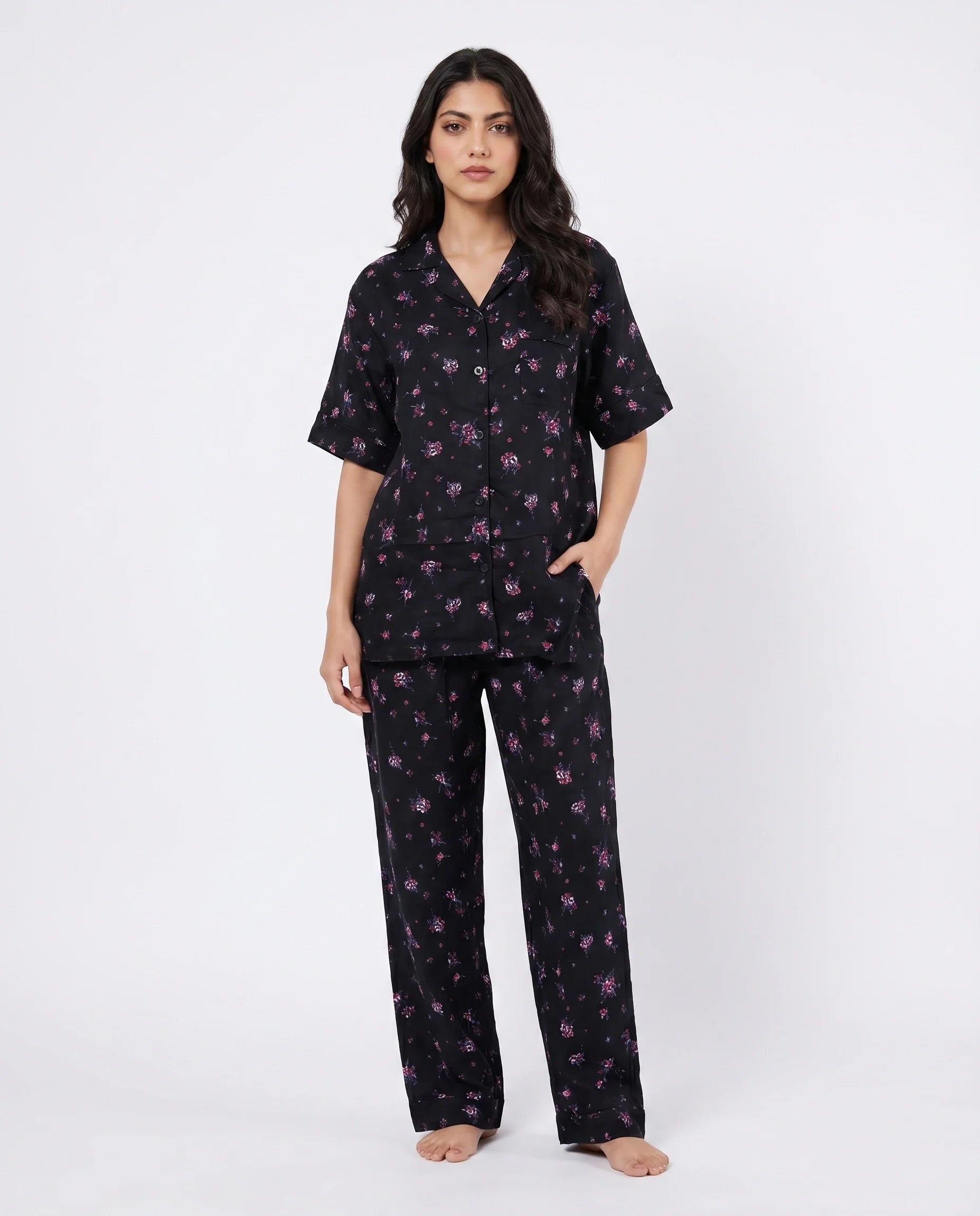 Linen Pajama Suit - Black Rose