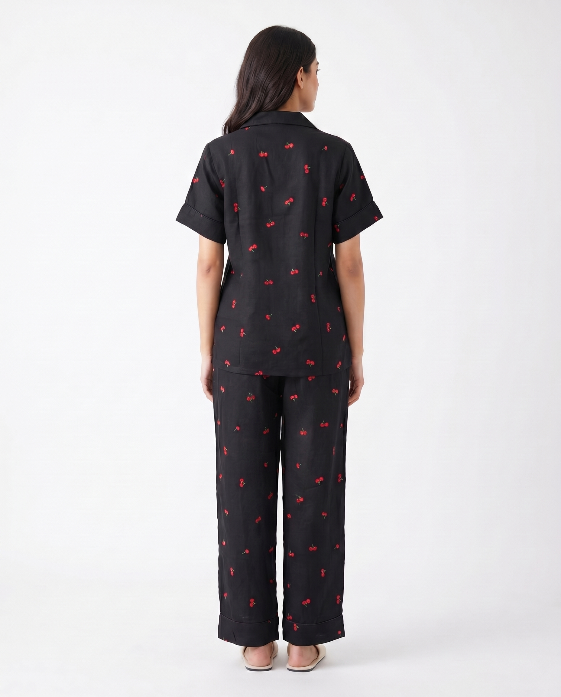Linen Pajama Suit - Flower Bloom - Black