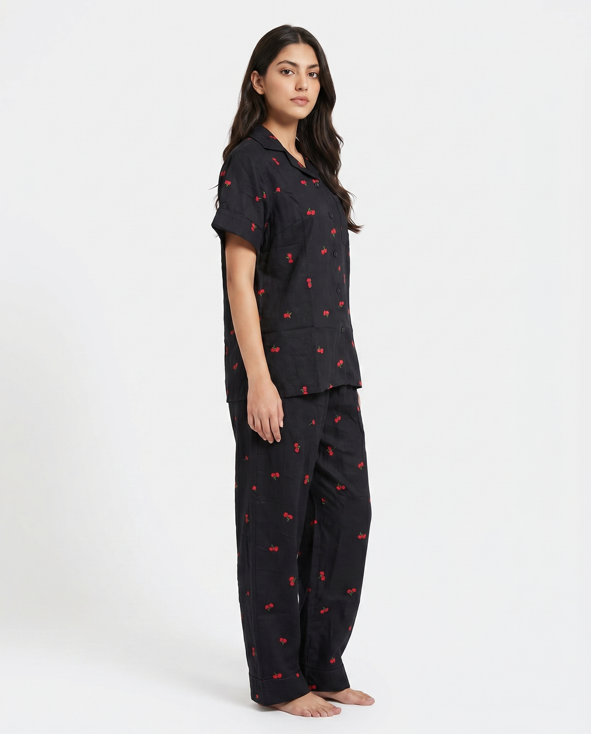 Linen Pajama Suit - Flower Bloom - Black