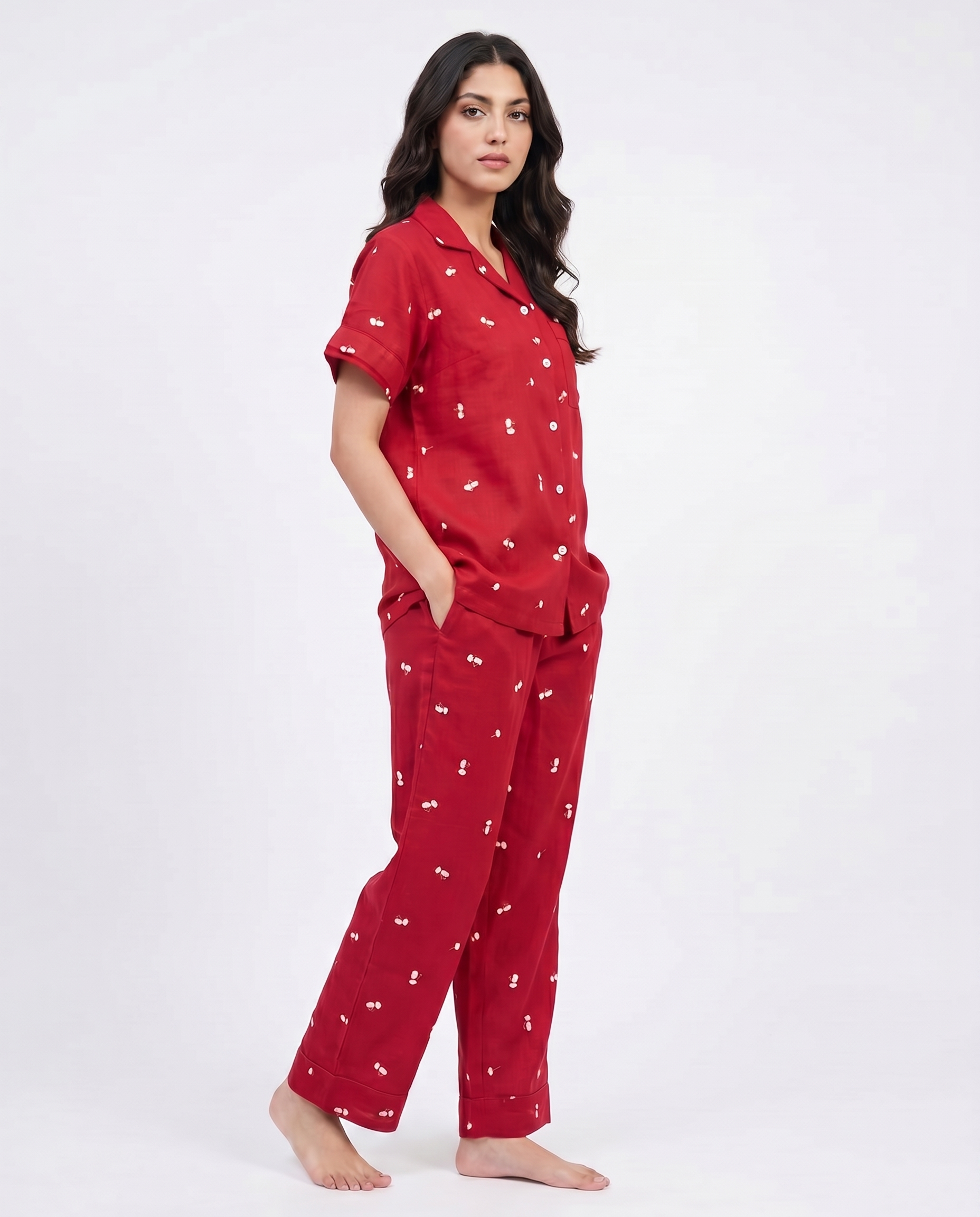 Linen Pajama Suit - Flower Bloom - Red