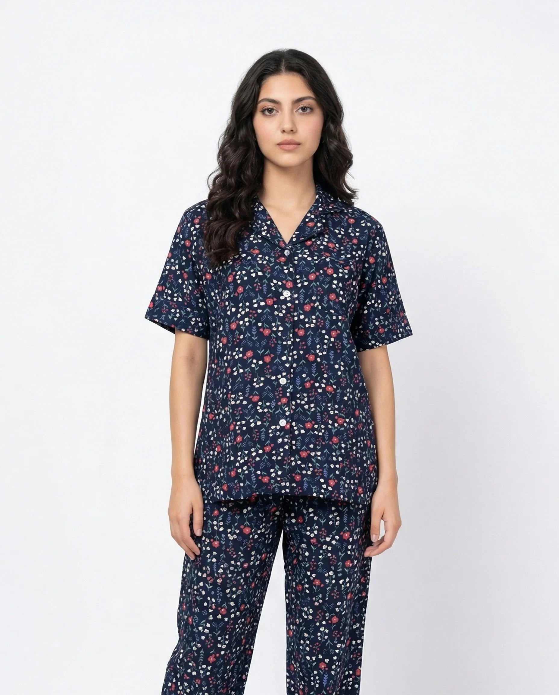 Linen Pajama Suit - Midnight Flora - Blue