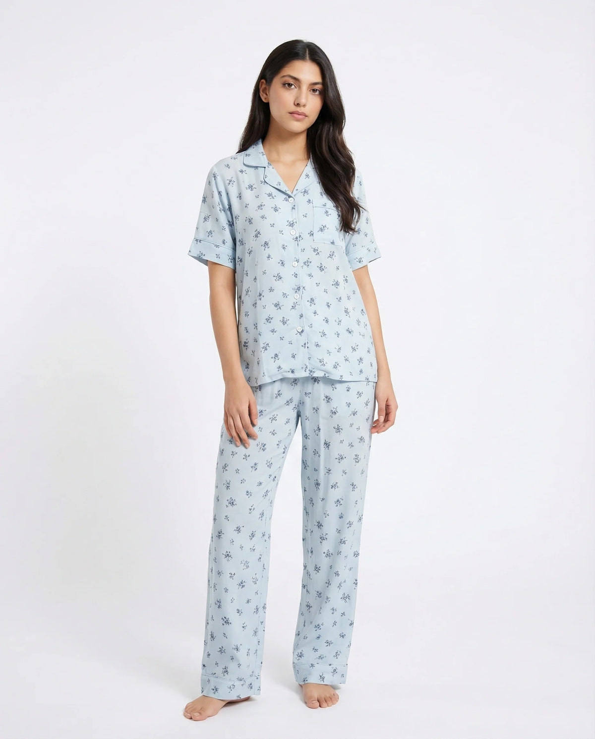 Linen Pajama Suit - Misty Flora - Sky Blue