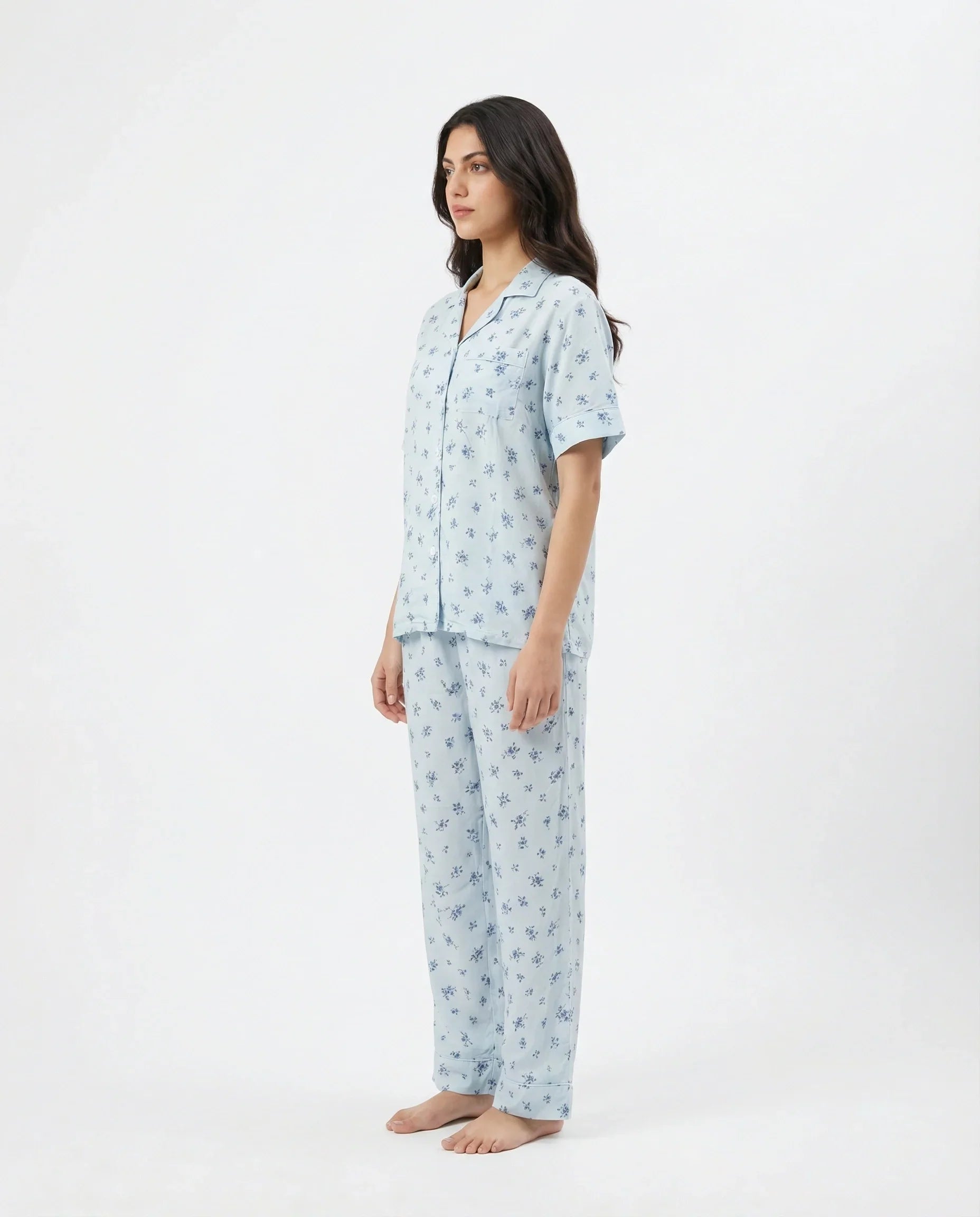 Linen Pajama Suit - Misty Flora - Sky Blue