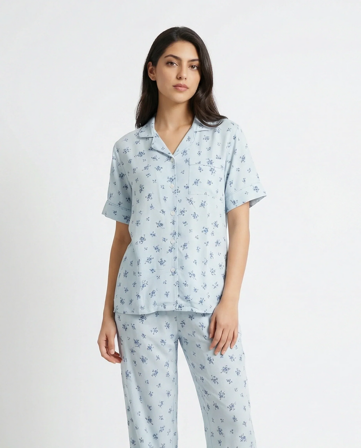 Linen Pajama Suit - Misty Flora - Sky Blue