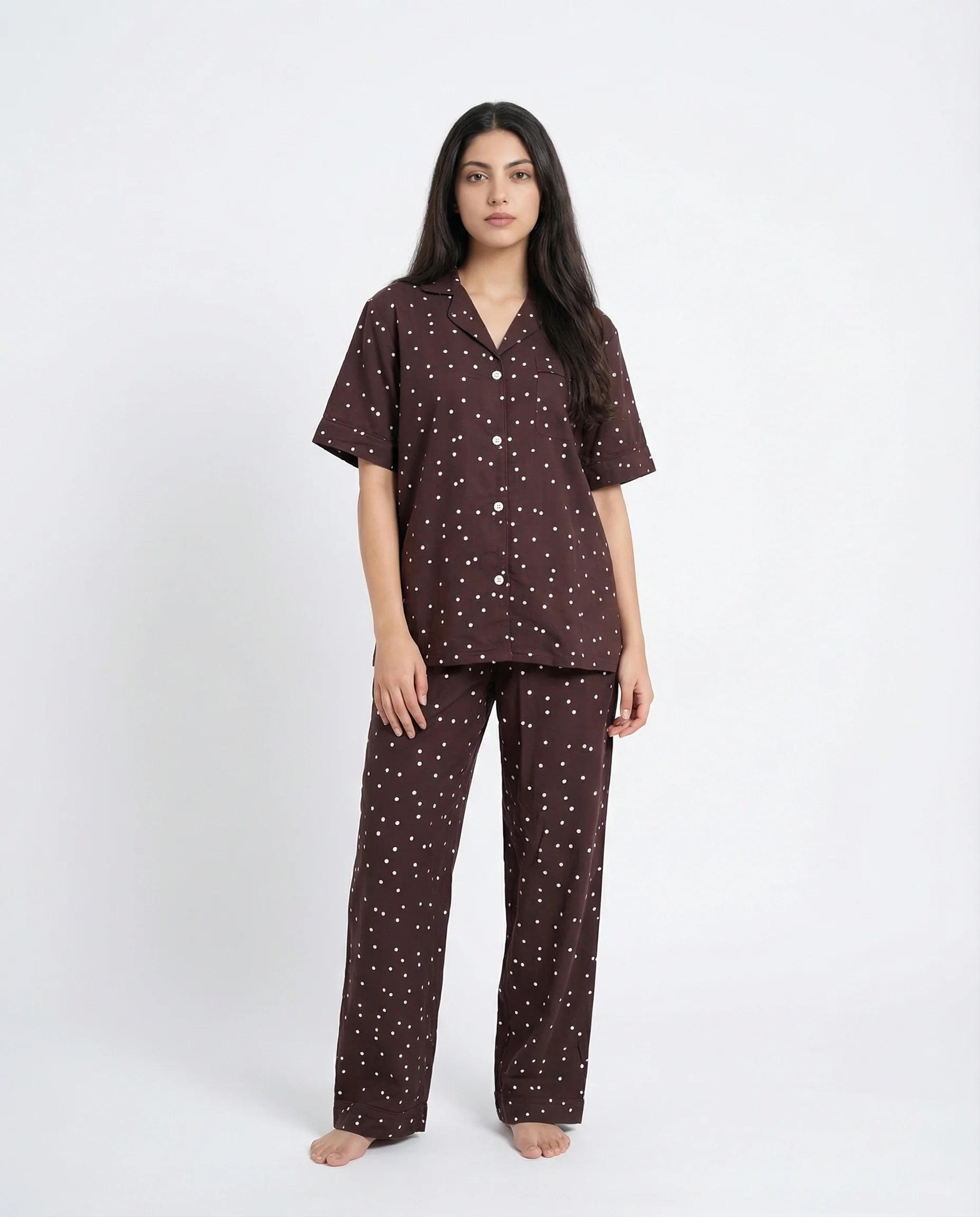 Linen Pajama Suit - Mocha Dot