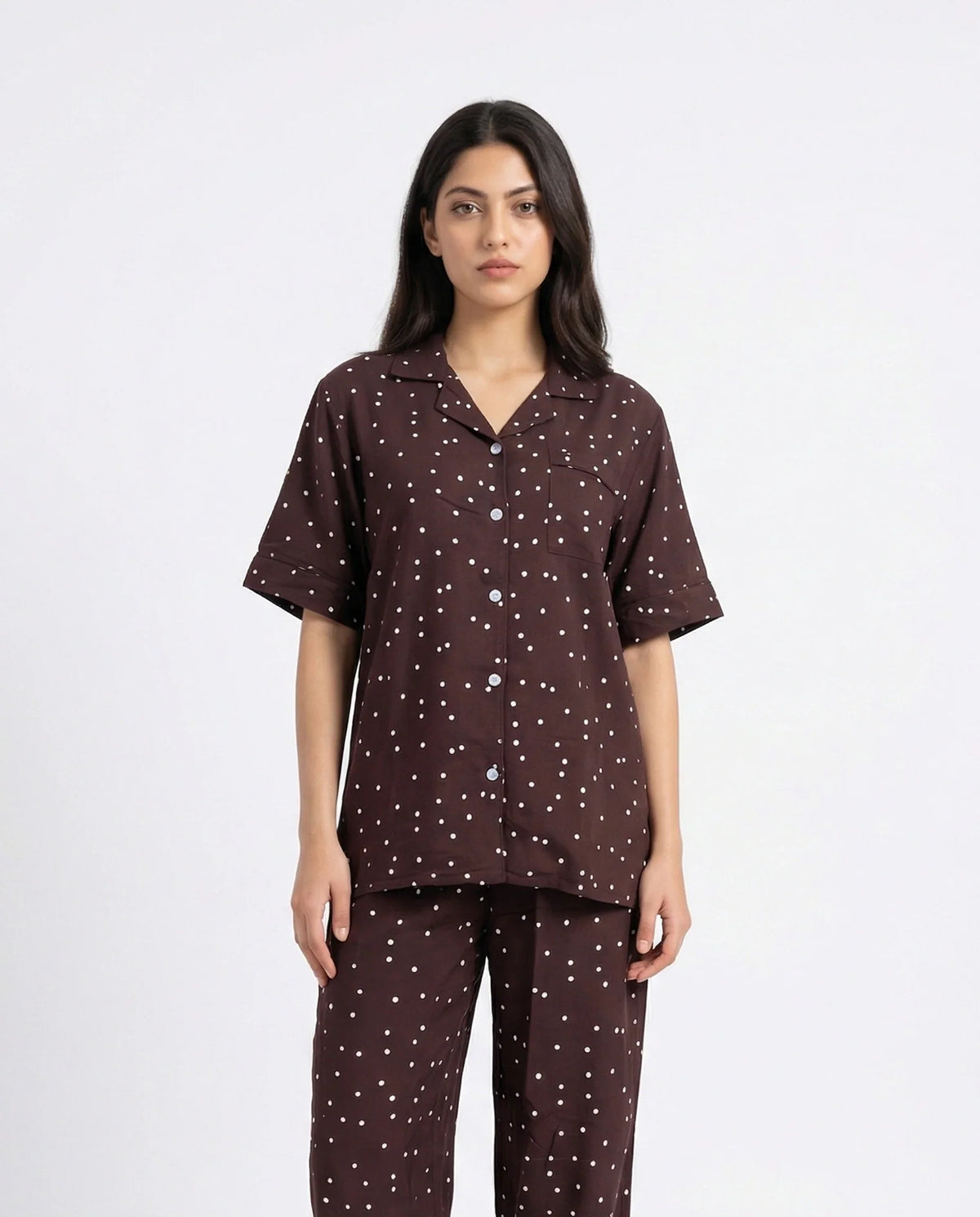 Linen Pajama Suit - Mocha Dot