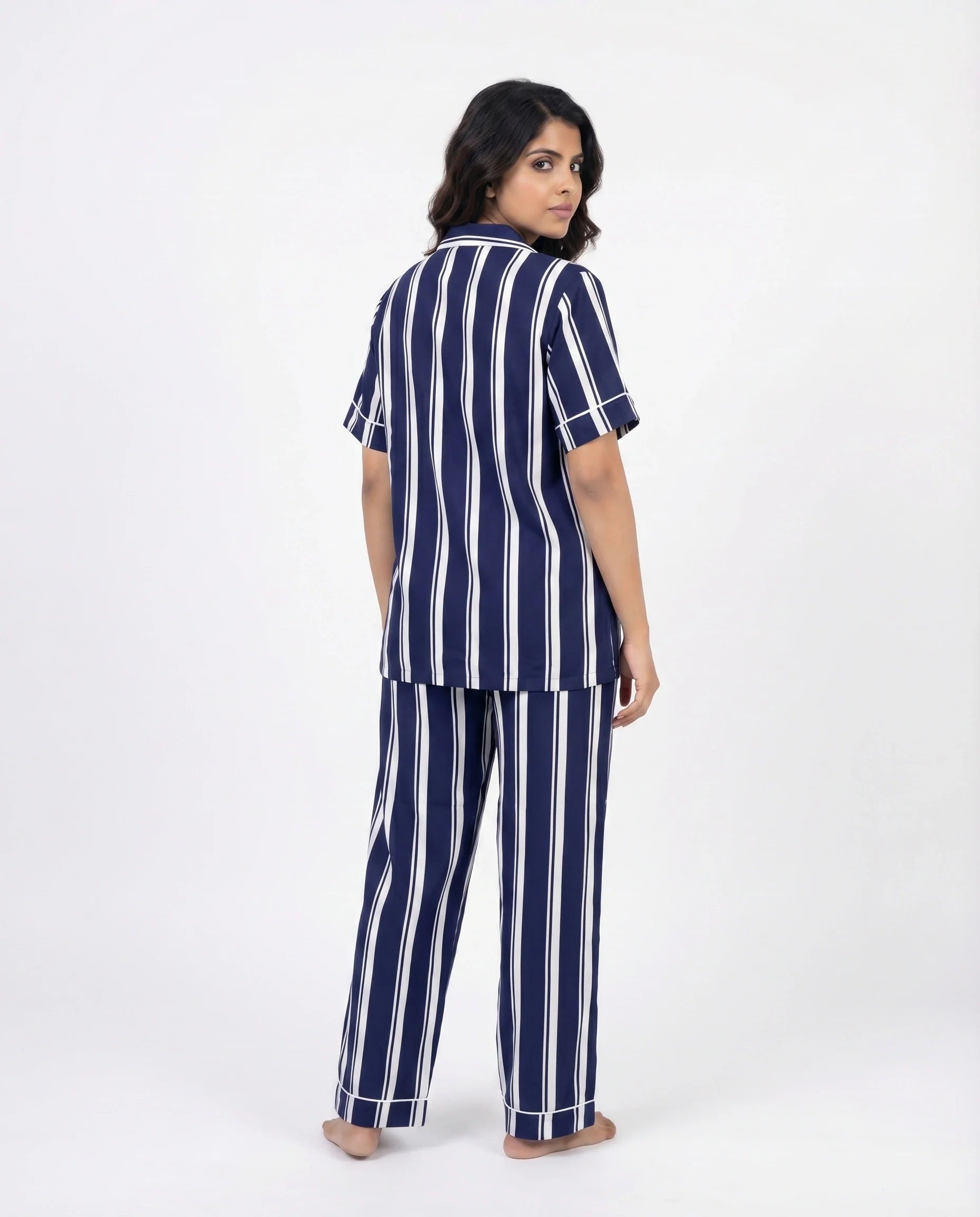 Linen PJ Set - Navy Stripe