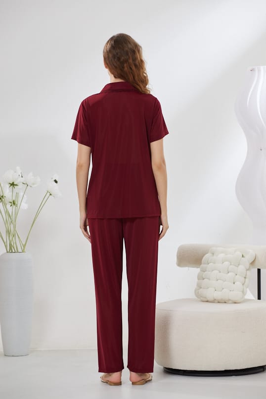 4-Piece Pure Silk Nightwear Set - Rosvian Maroon