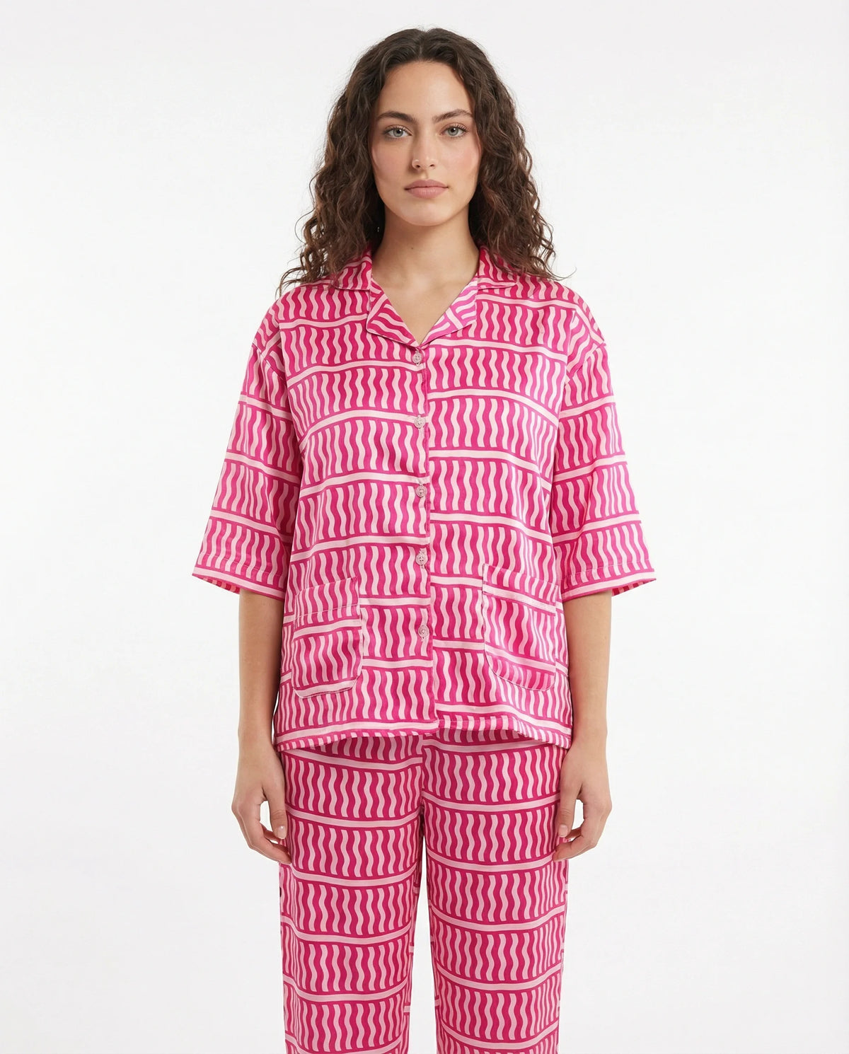 Drop Shoulder Silk Pajama Suit - Pink Wave