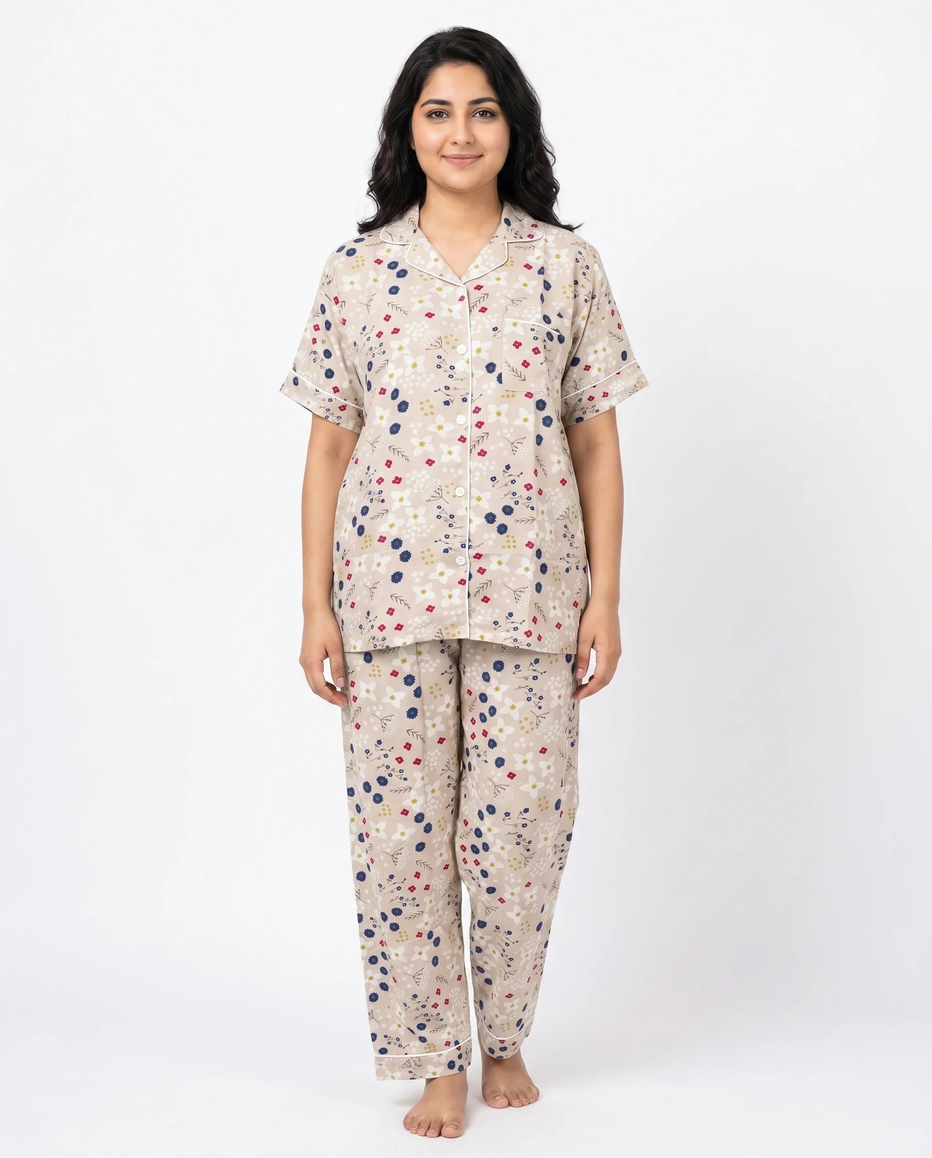 Linen PJ Set - Floral Beige