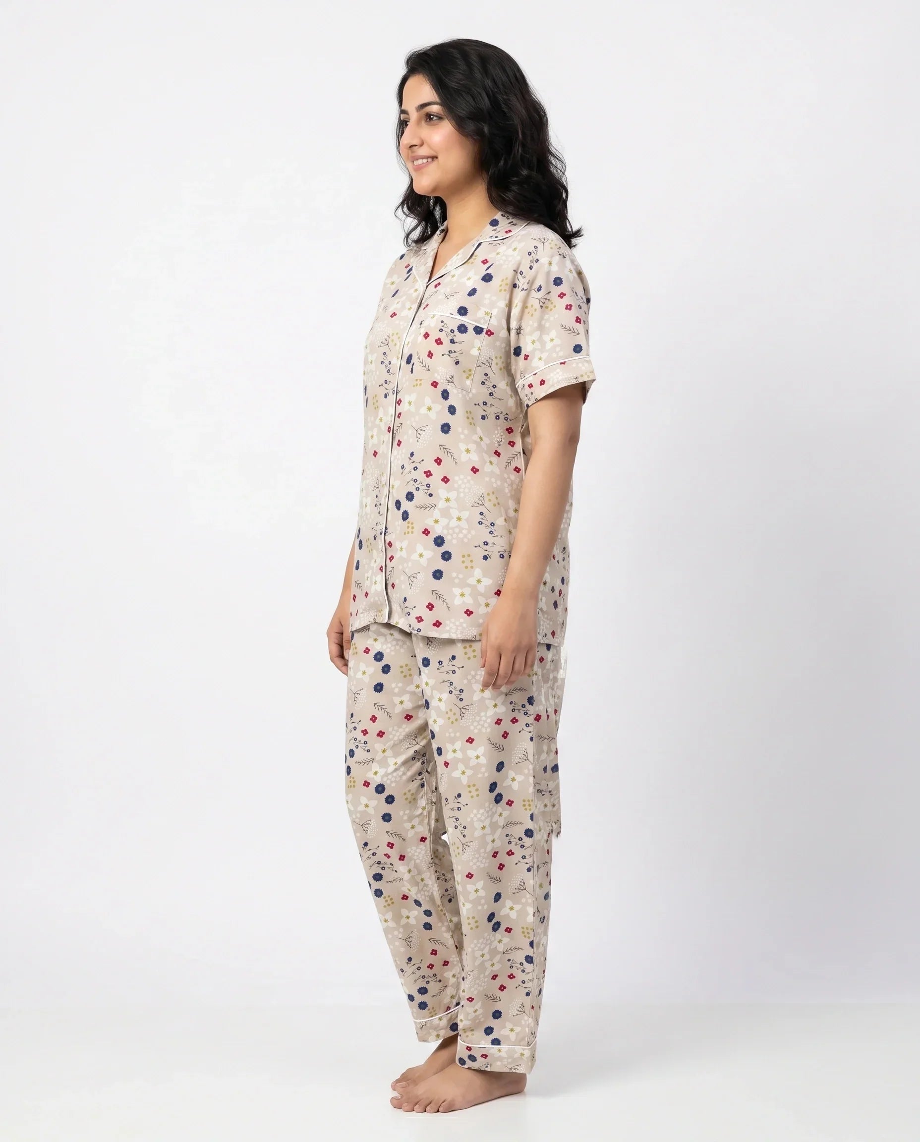 Linen PJ Set - Floral Beige