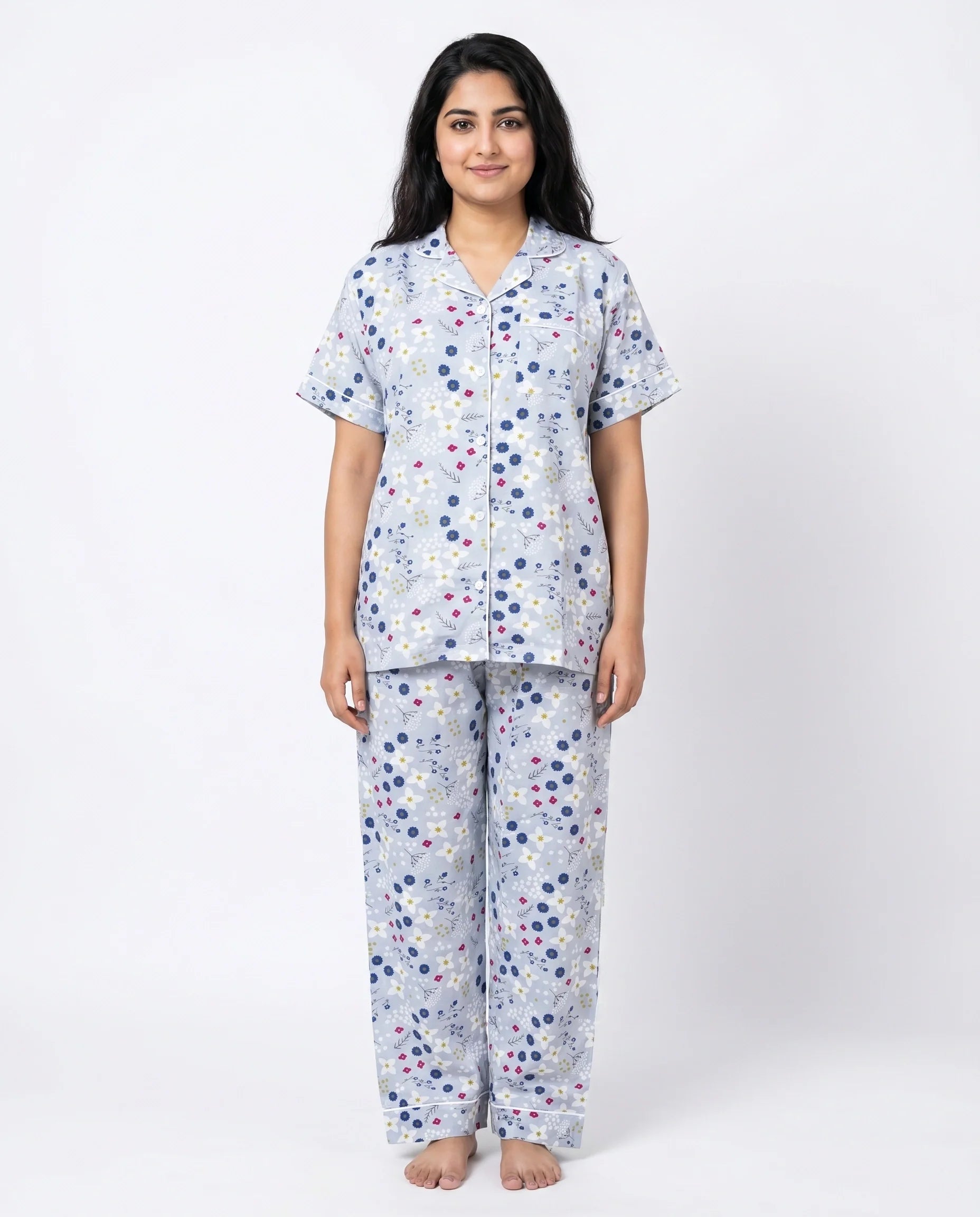 Linen PJ Set - Floral Grey