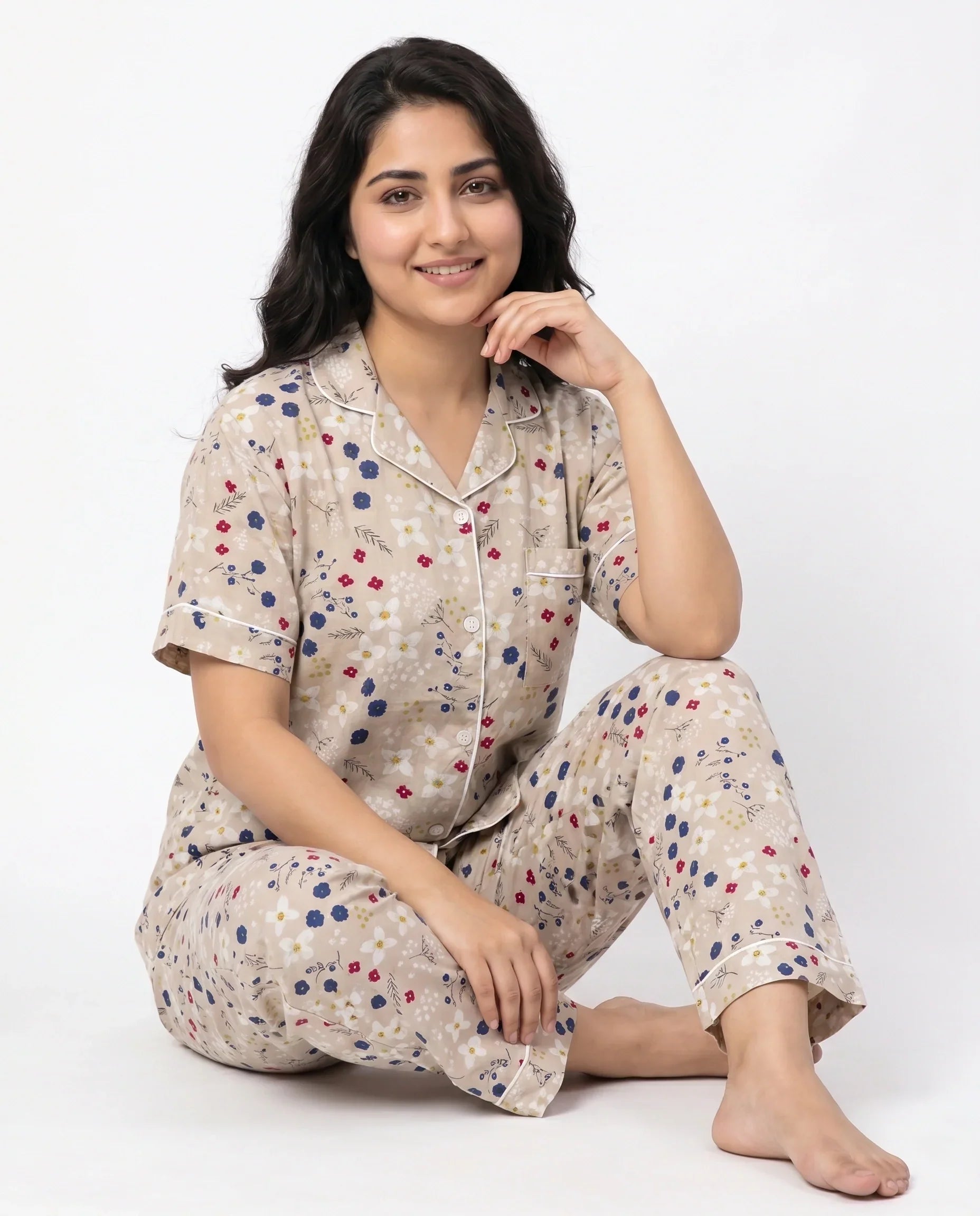Linen PJ Set - Floral Beige