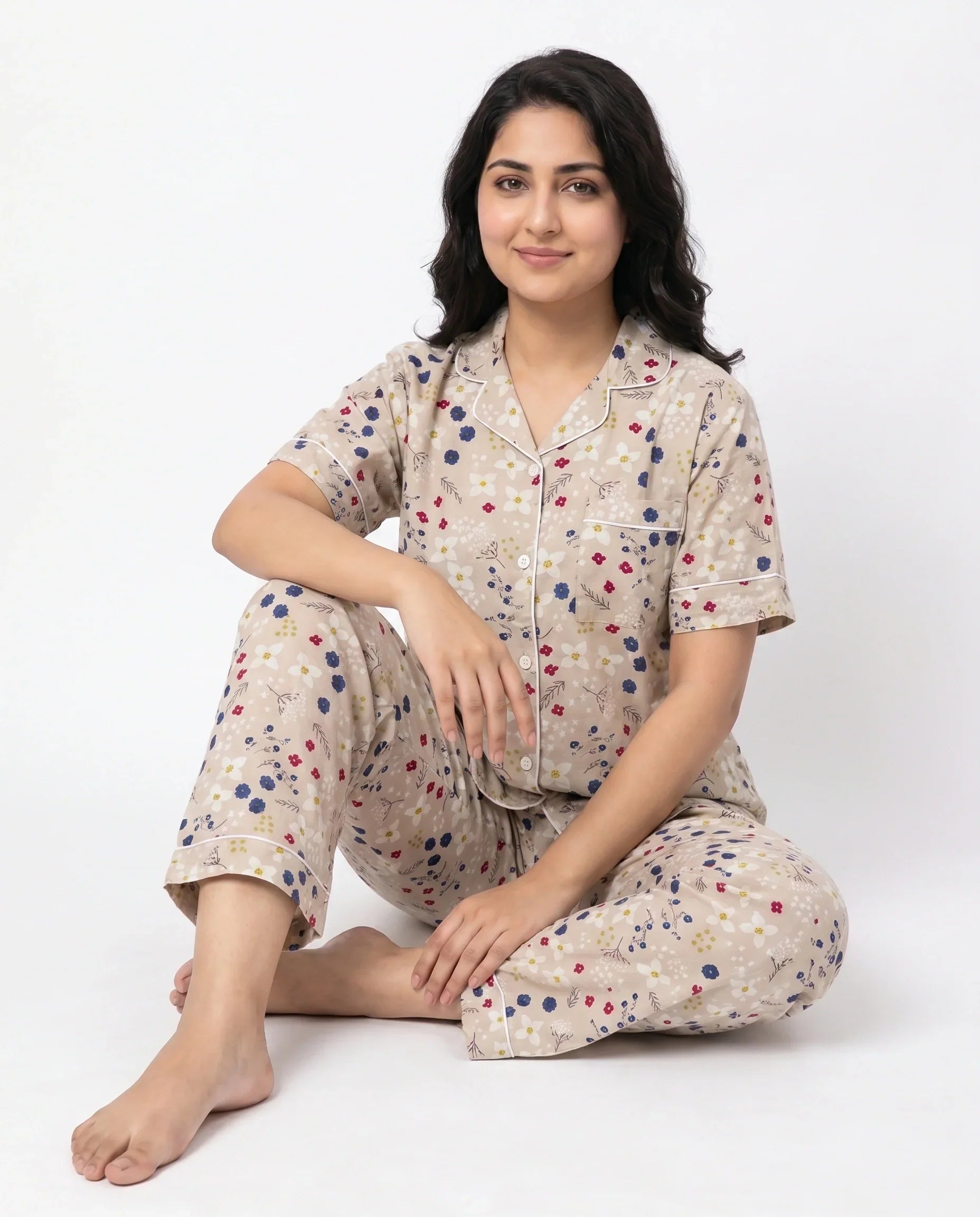 Linen PJ Set - Floral Beige