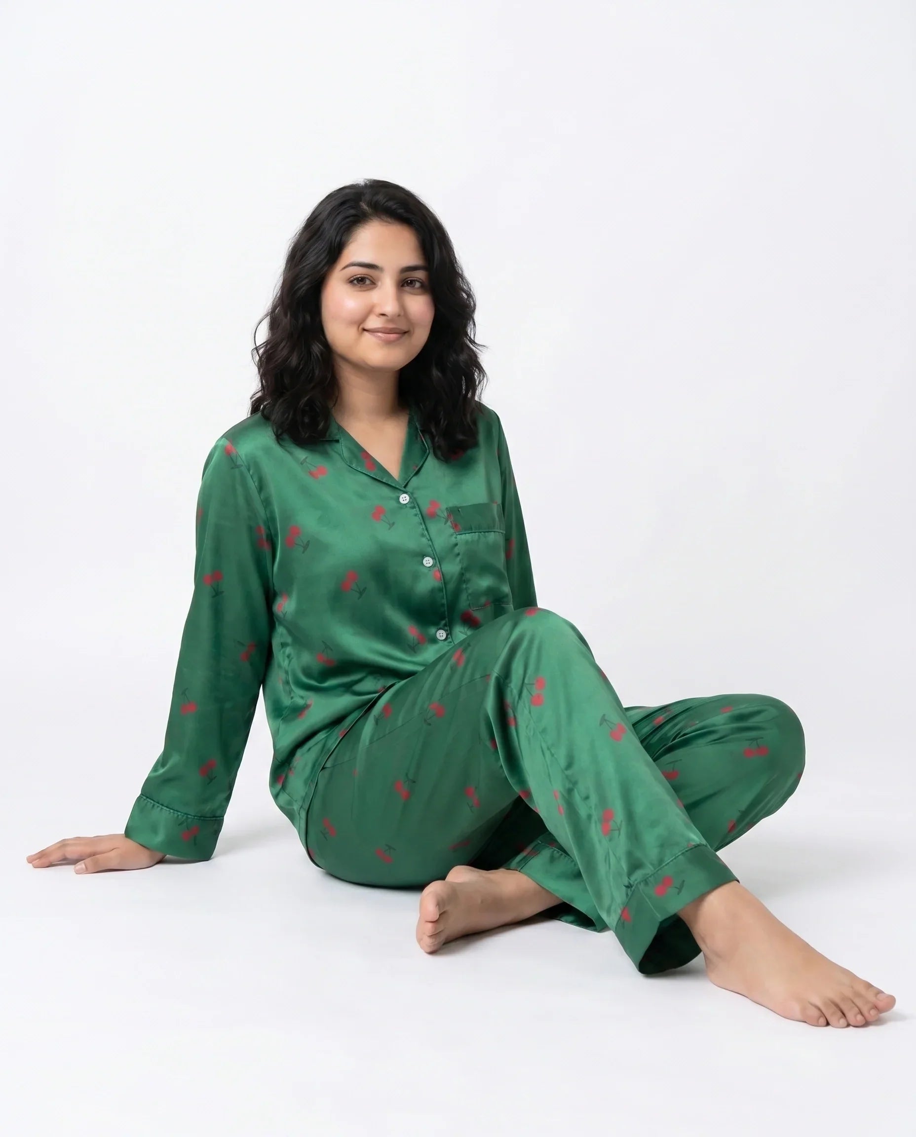 Silk PJ Set- Cherry Green