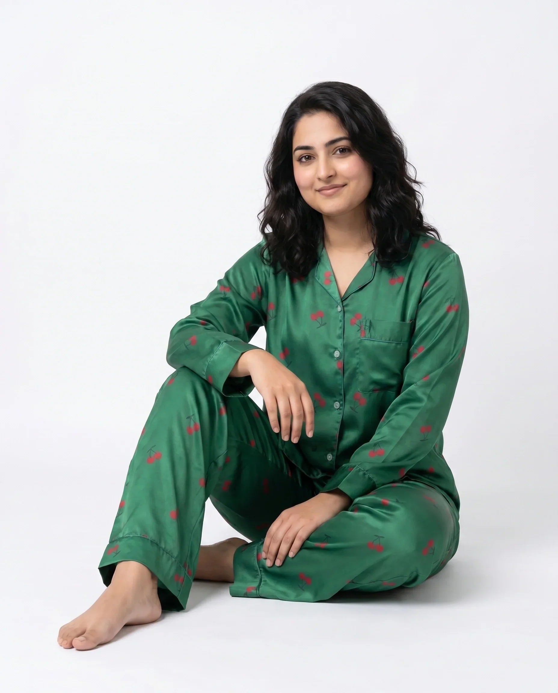 Silk PJ Set- Cherry Green