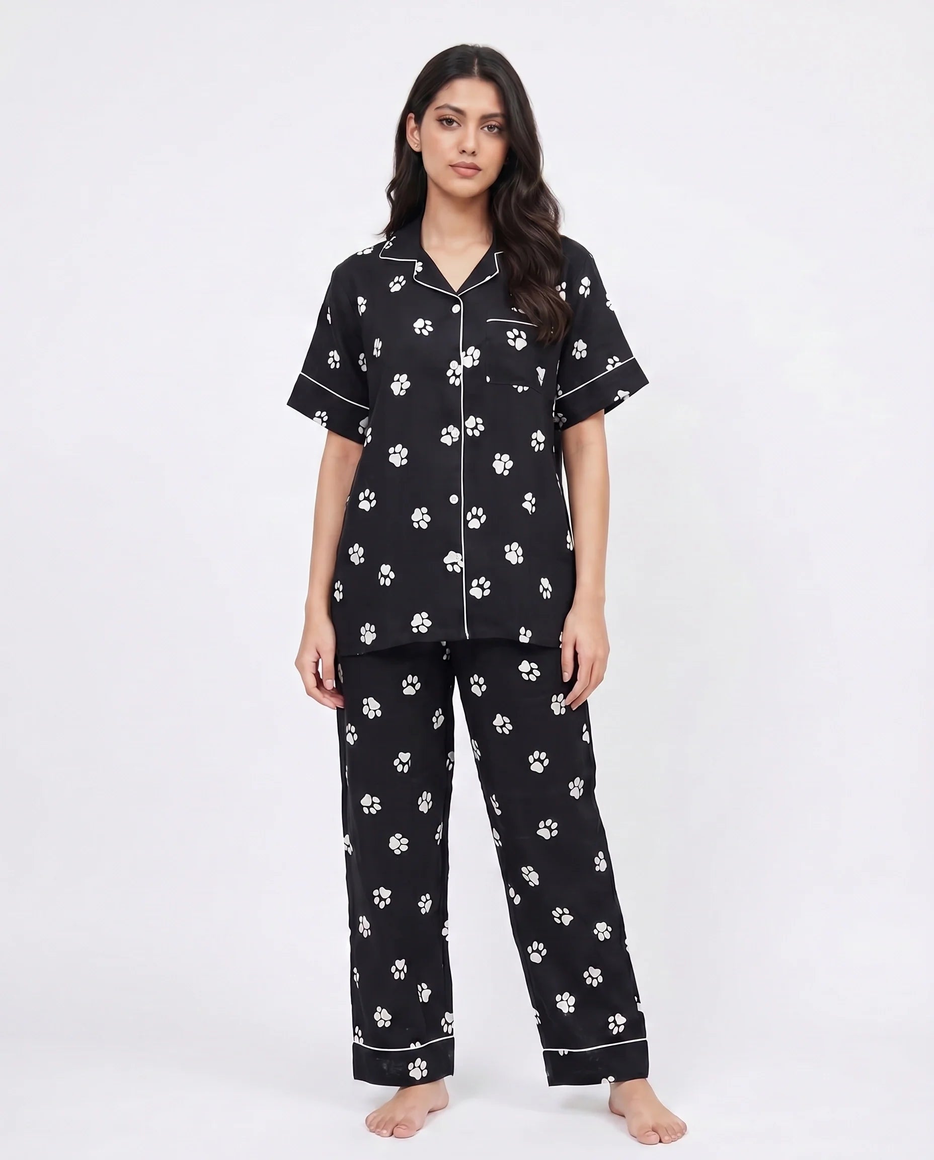 Linen Pajama Suit - Pawsette - Black