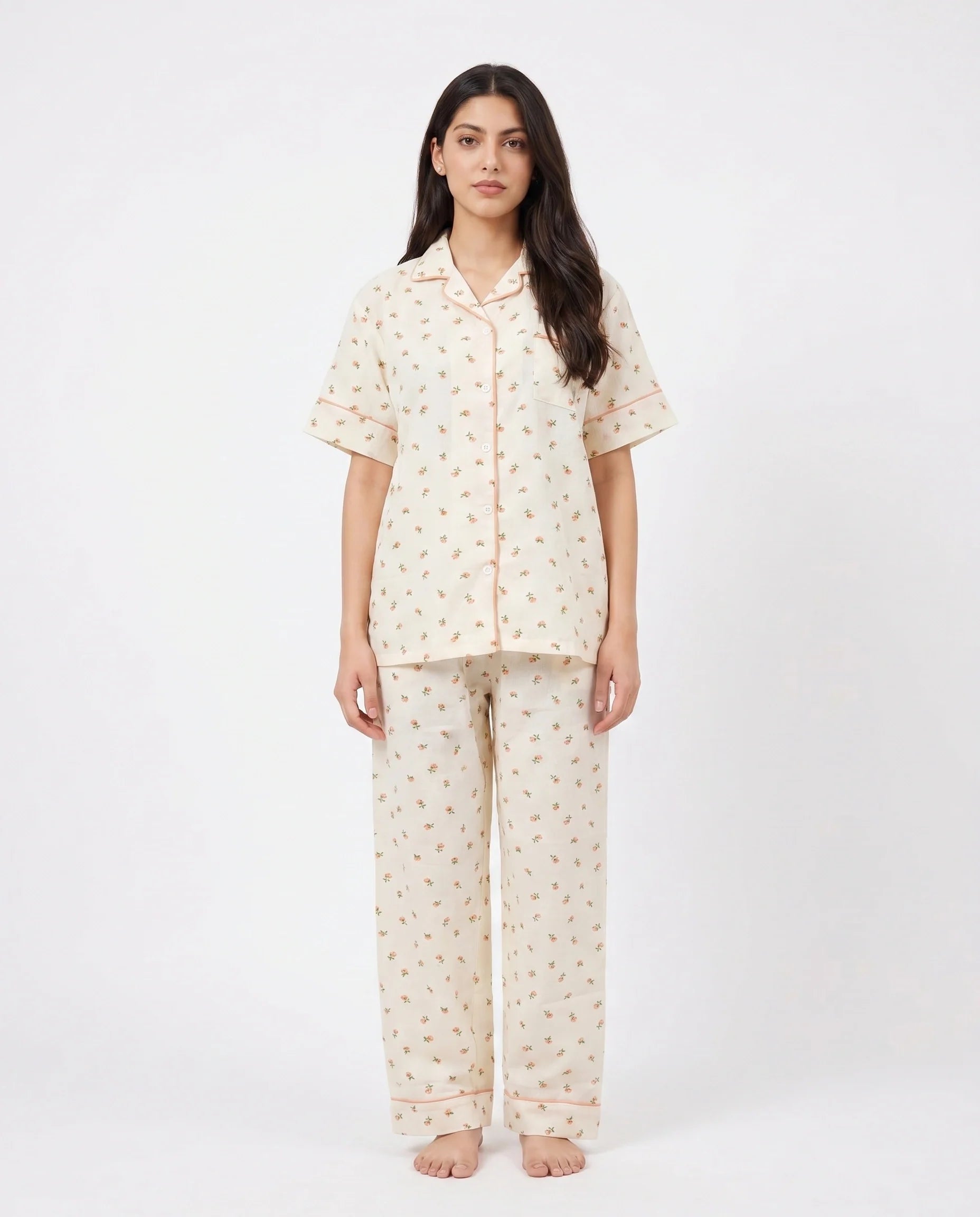 Summer Crinkled Pajama Suit - Flora - Cream
