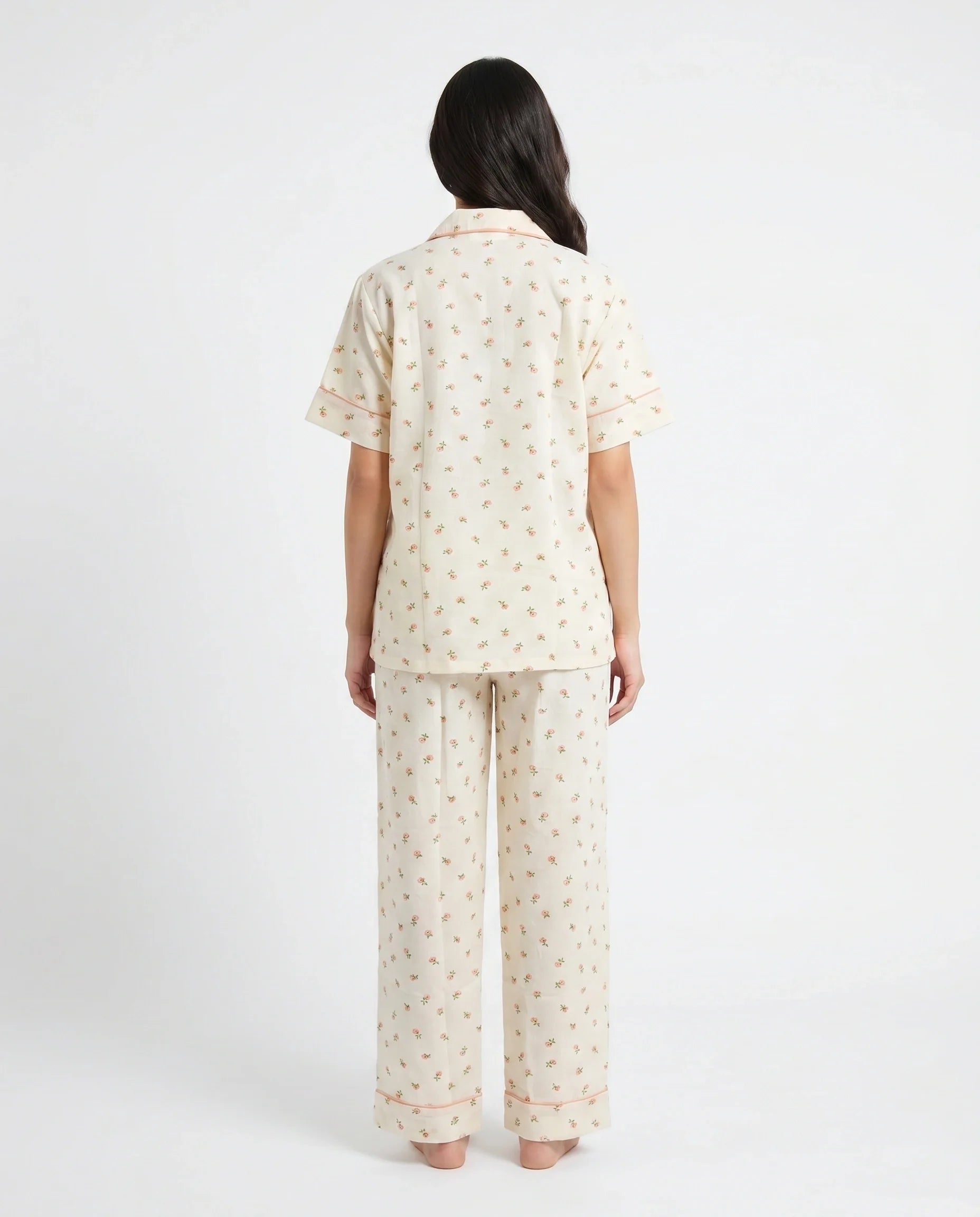 Summer Crinkled Pajama Suit - Flora - Cream