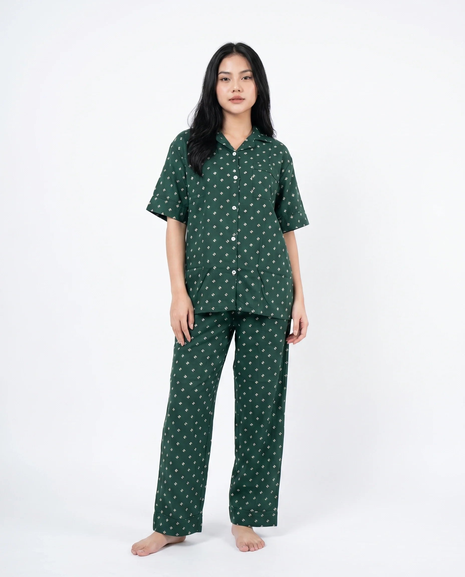 Linen Pajama Suit - Emerald Bloom