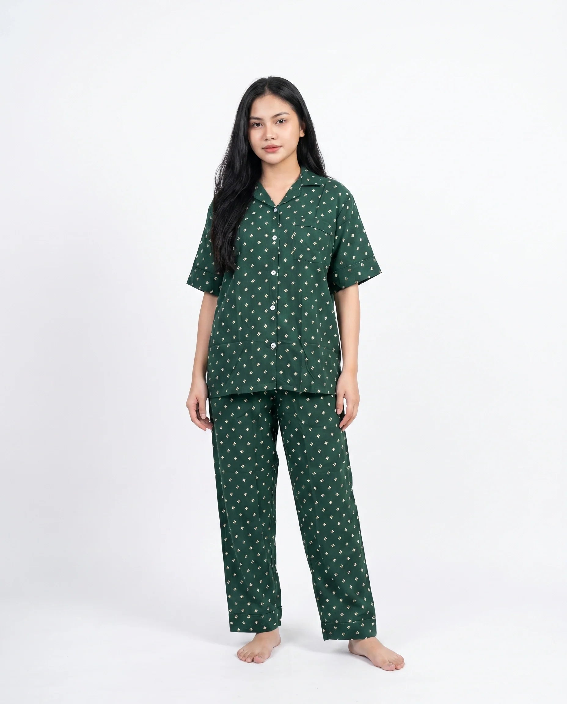 Linen Pajama Suit - Emerald Bloom
