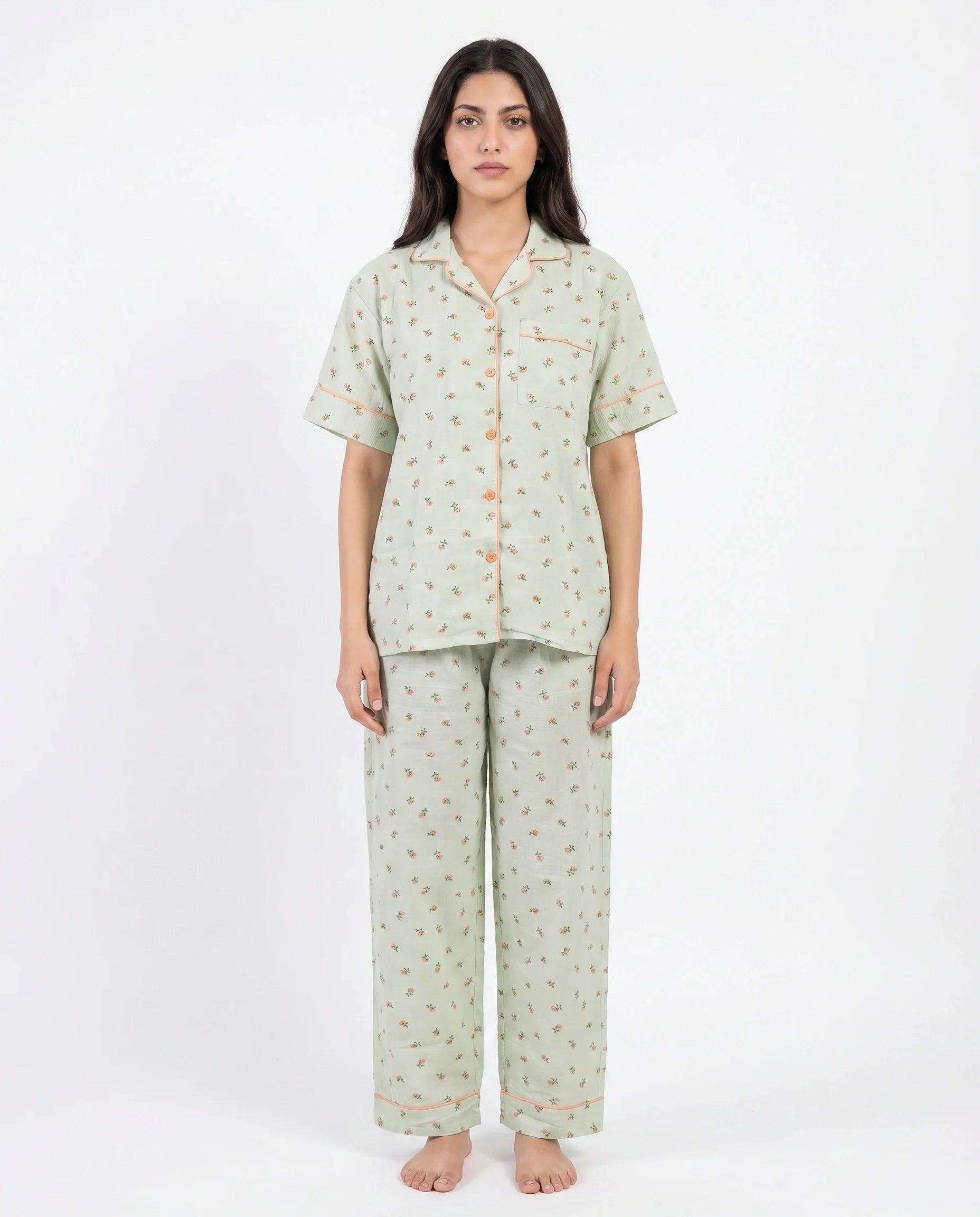 Summer Crinkled Pajama Suit - Flora - Green