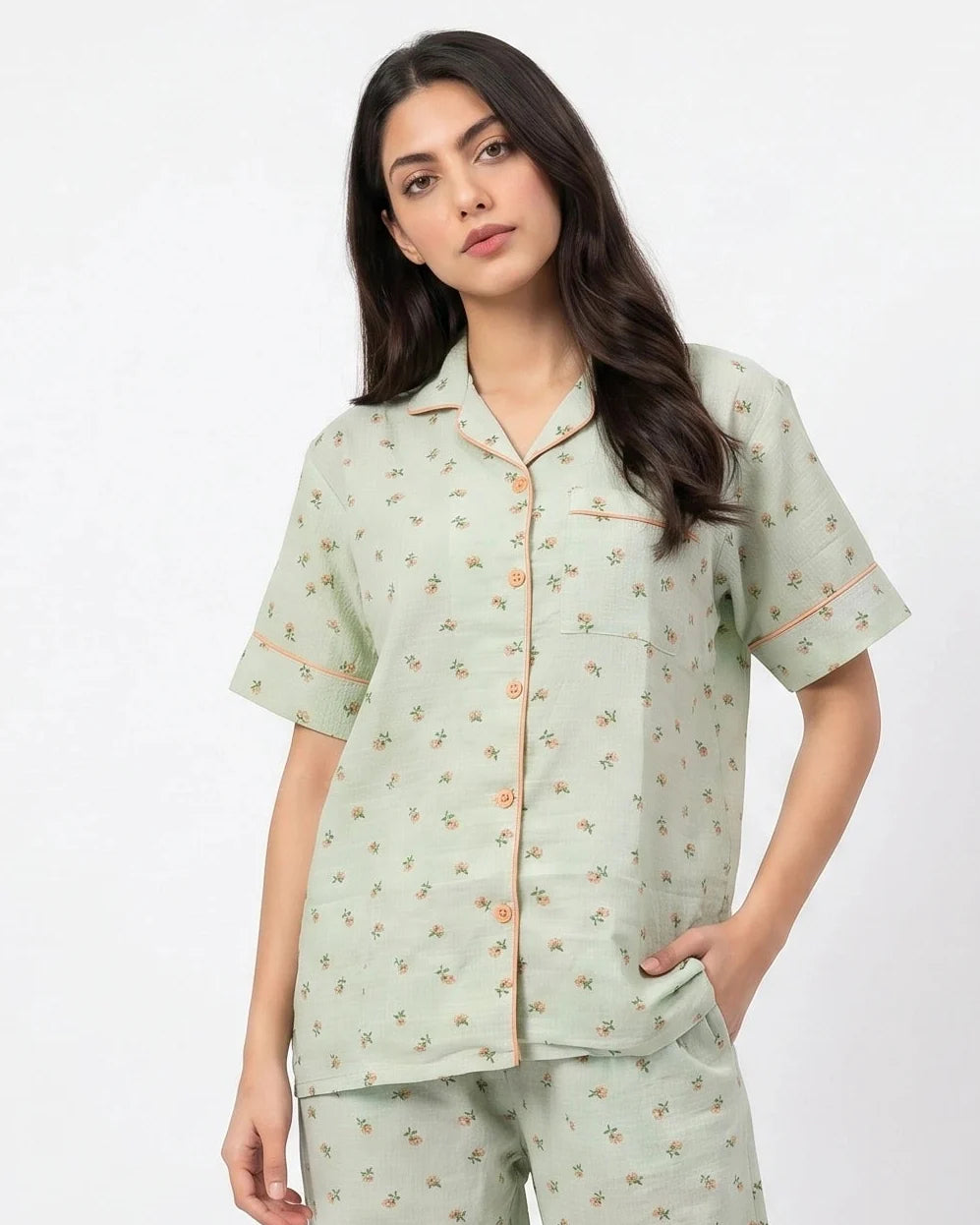 Summer Crinkled Pajama Suit - Flora - Green