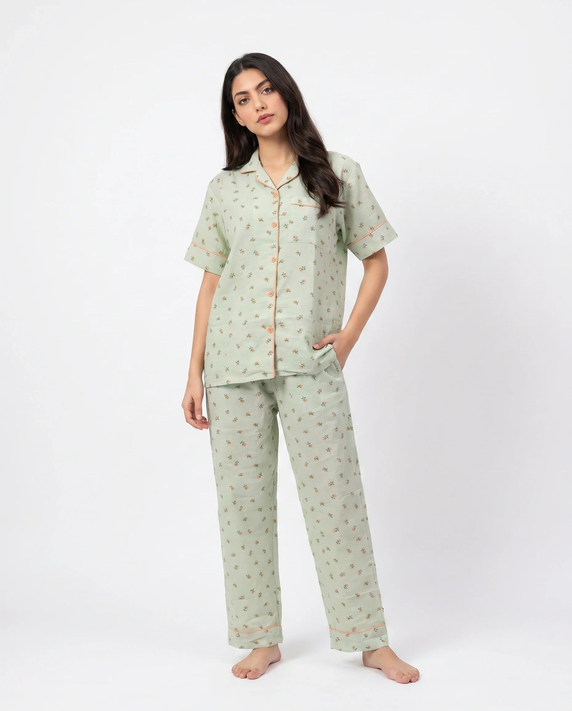 Summer Crinkled Pajama Suit - Flora - Green