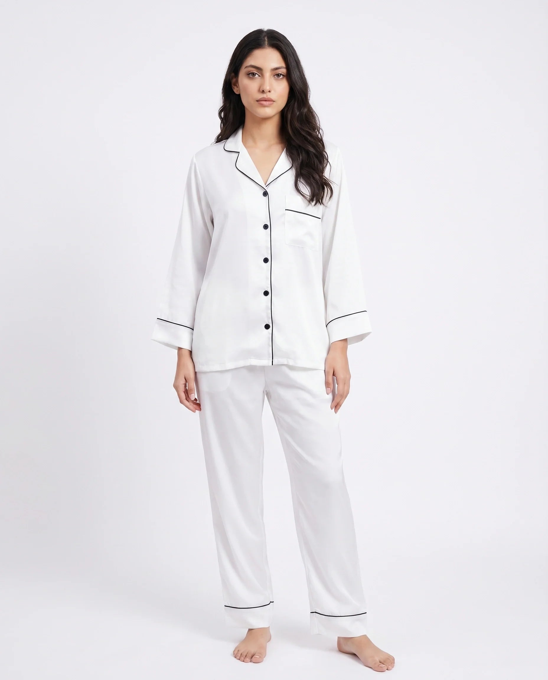 Satin Silk Pajama Suit - Noir - White
