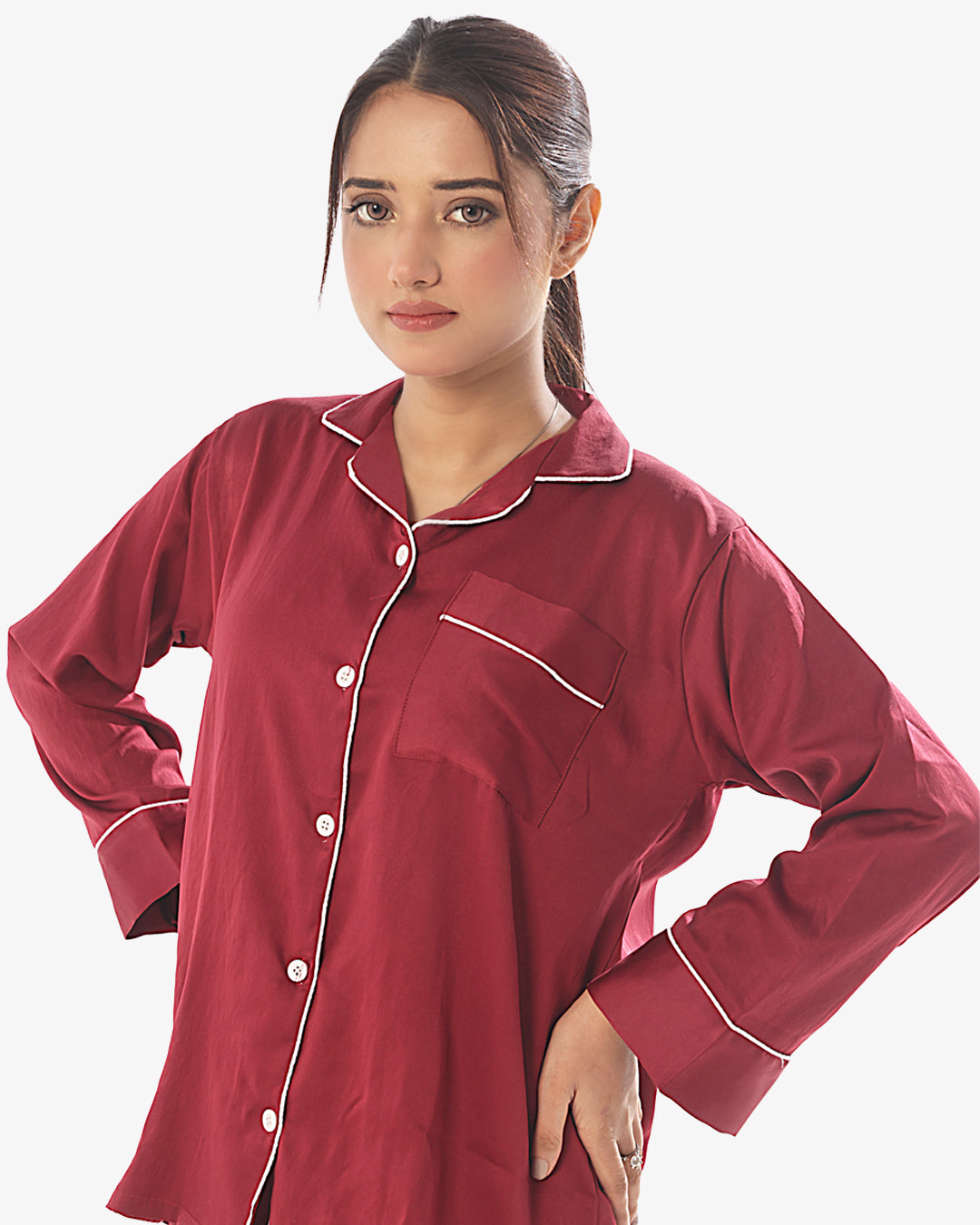 Satin Silk Pajama Suit with Scrunchie - Pearl
